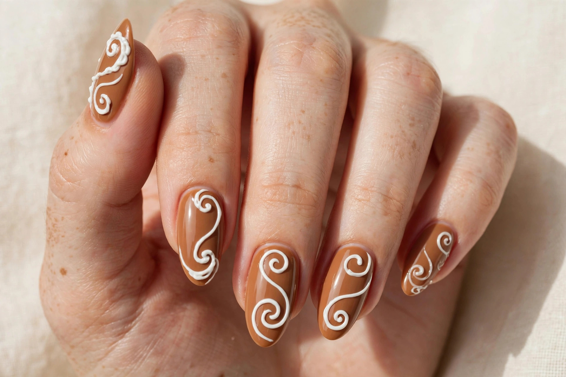 Warm brown gingerbread almond nails with white icing swirl nail art