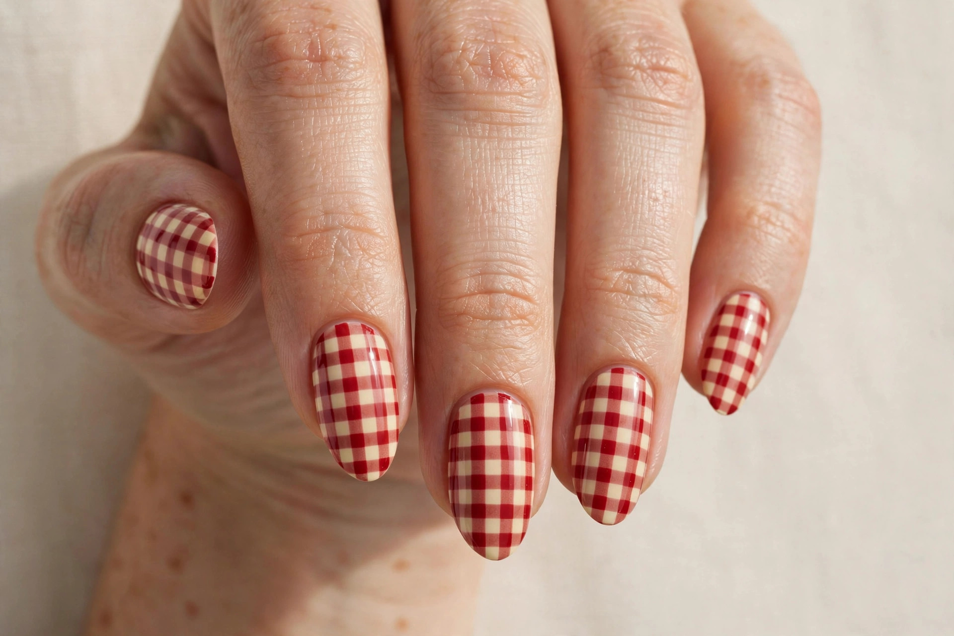 Red and cream gingham check nail art