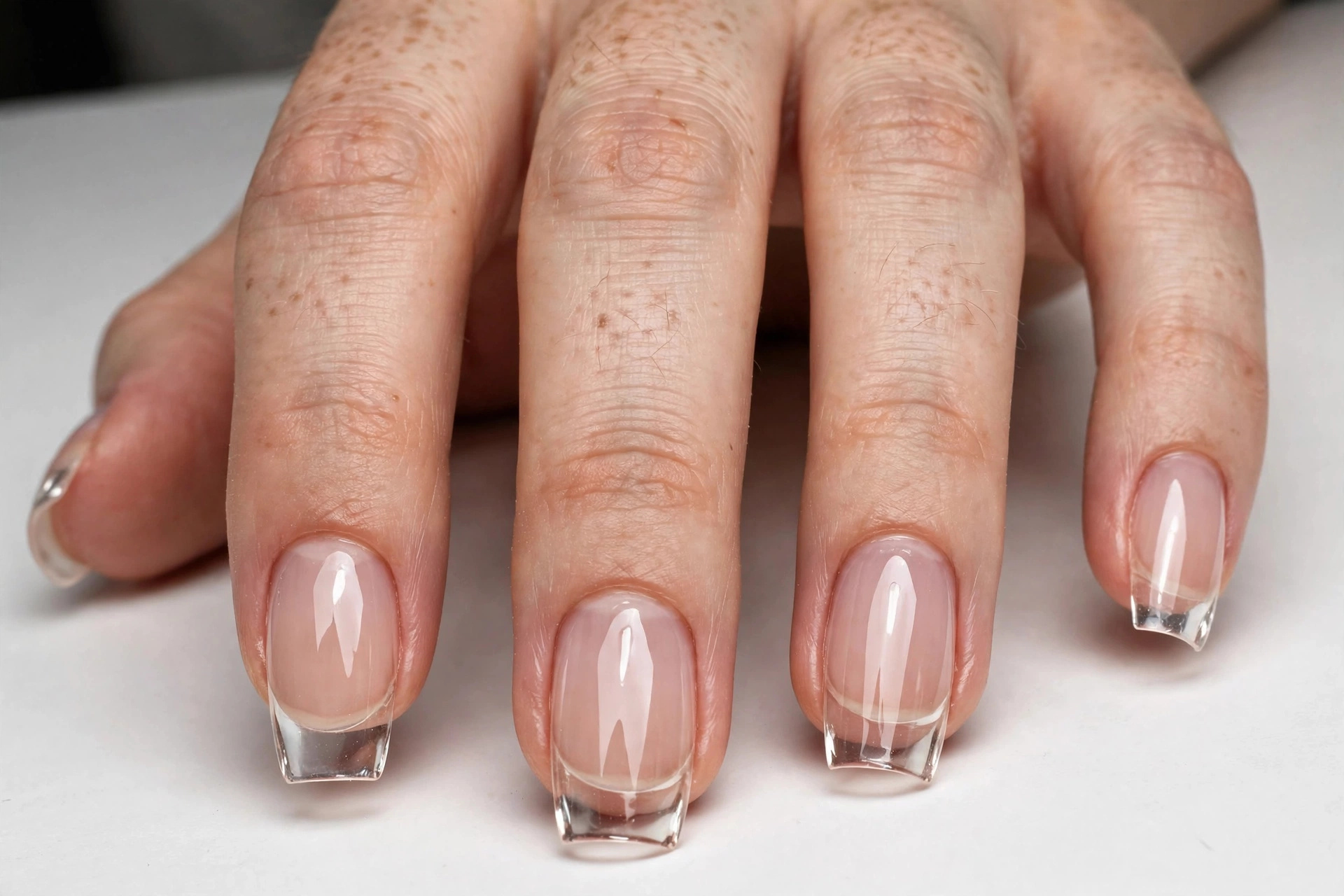 Glass French tip nails: sheer nude base with crystal-clear glass French tips