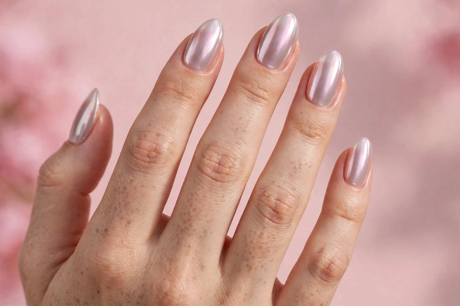 Glazed chrome glass nails: pearlescent chrome glaze over translucent milky nails