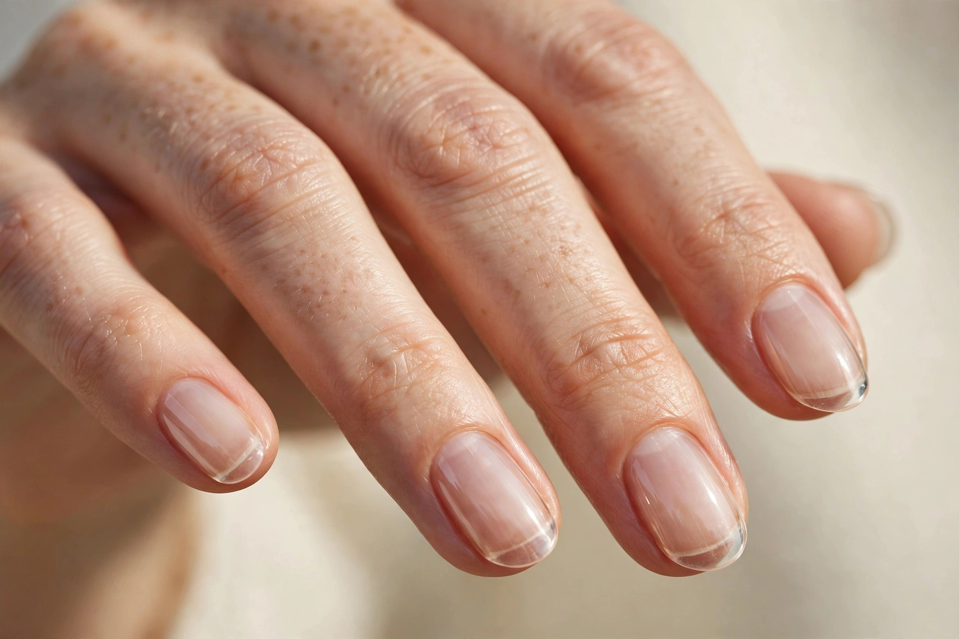Crystal-clear nude glass nails: barely-there sheer nude translucent manicure
