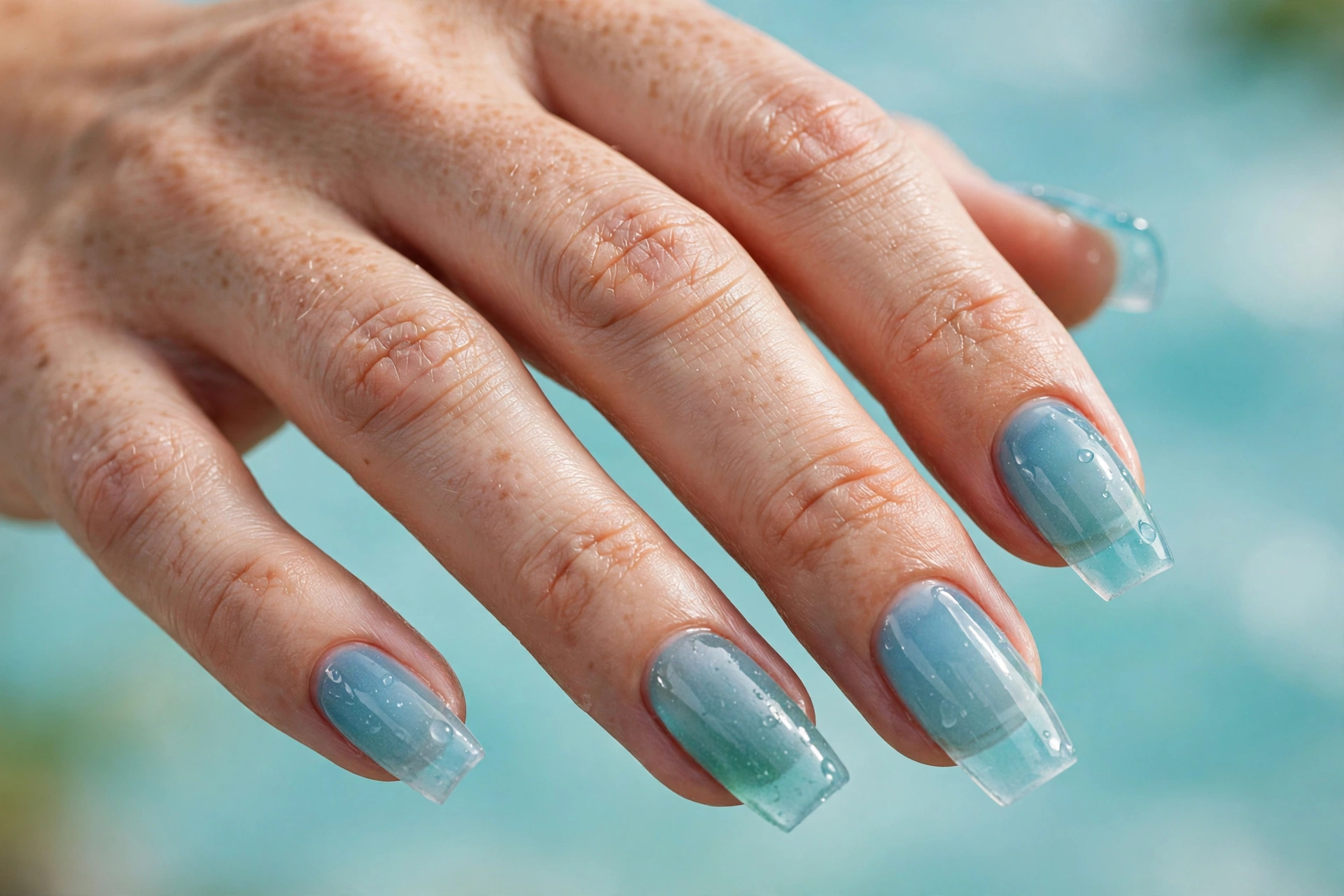 Aqua tint glass nails: translucent sea-glass blue tinted nail design