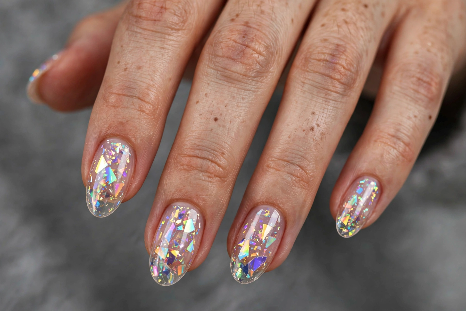 Holographic glass shard nails: iridescent shattered glass pieces on clear nails