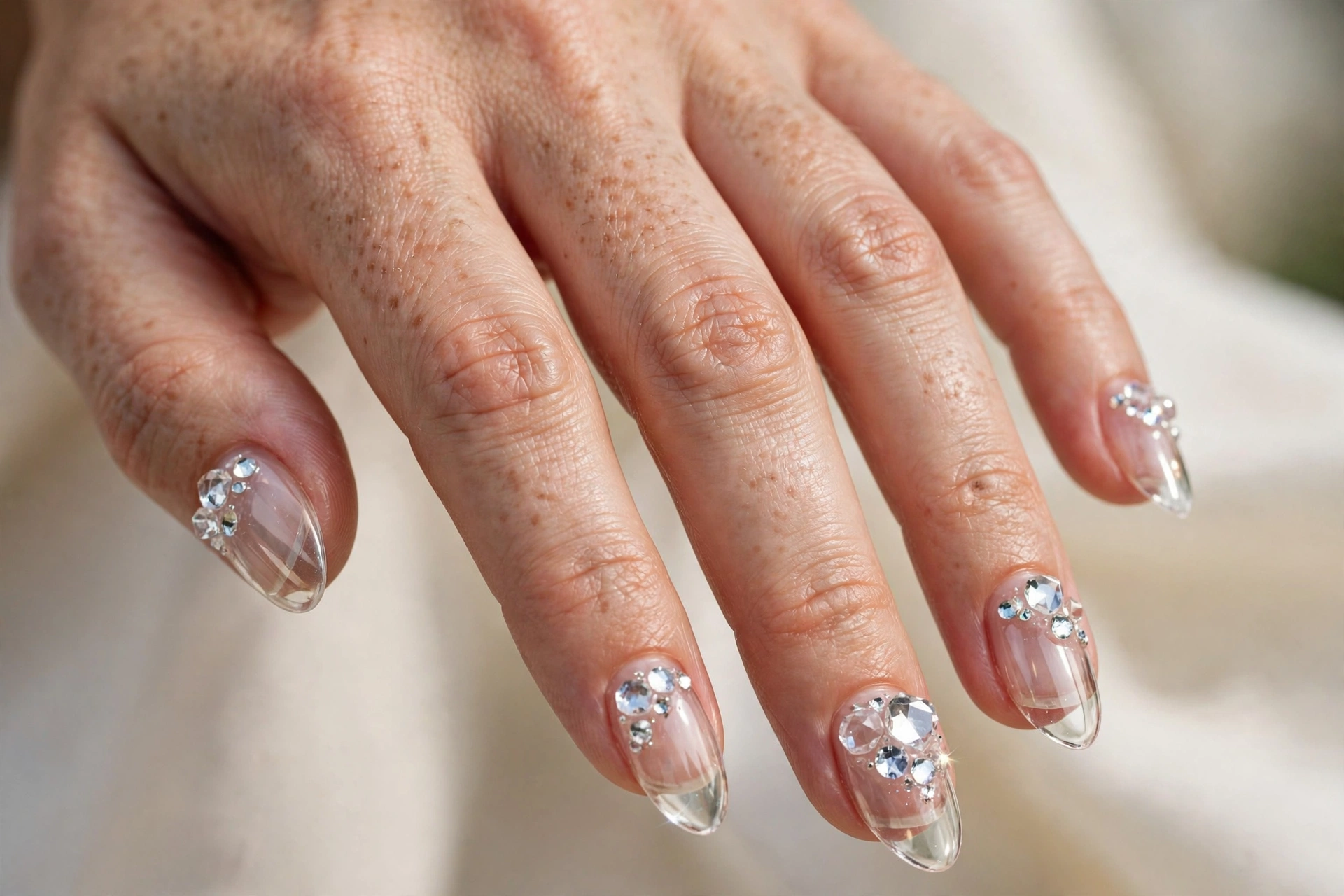 Glass gemstone accent nails: clear nails with 3D crystal gemstone embellishments