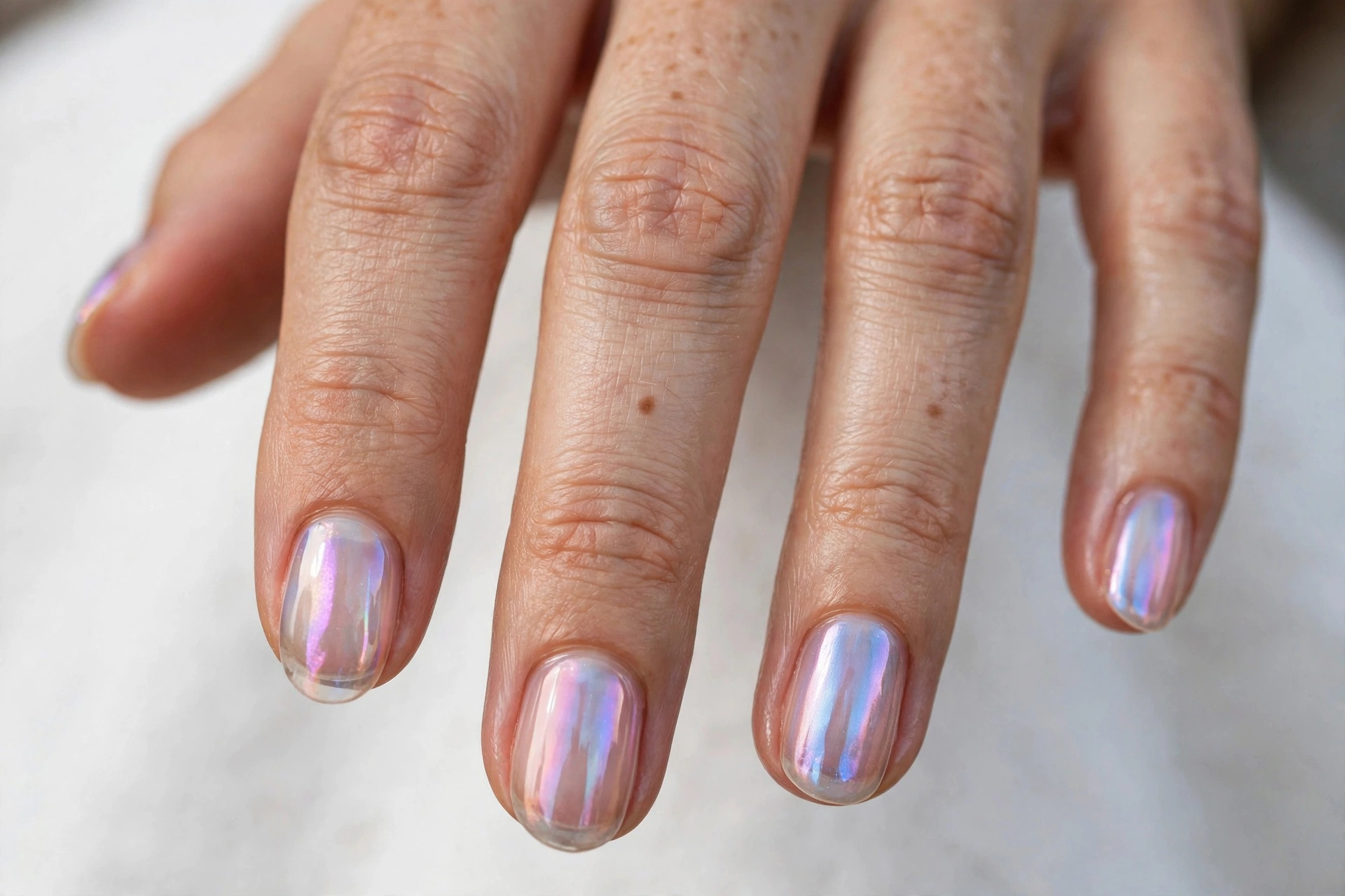 Sheer iridescent glaze nails: pearly oil-slick shimmer on transparent nails