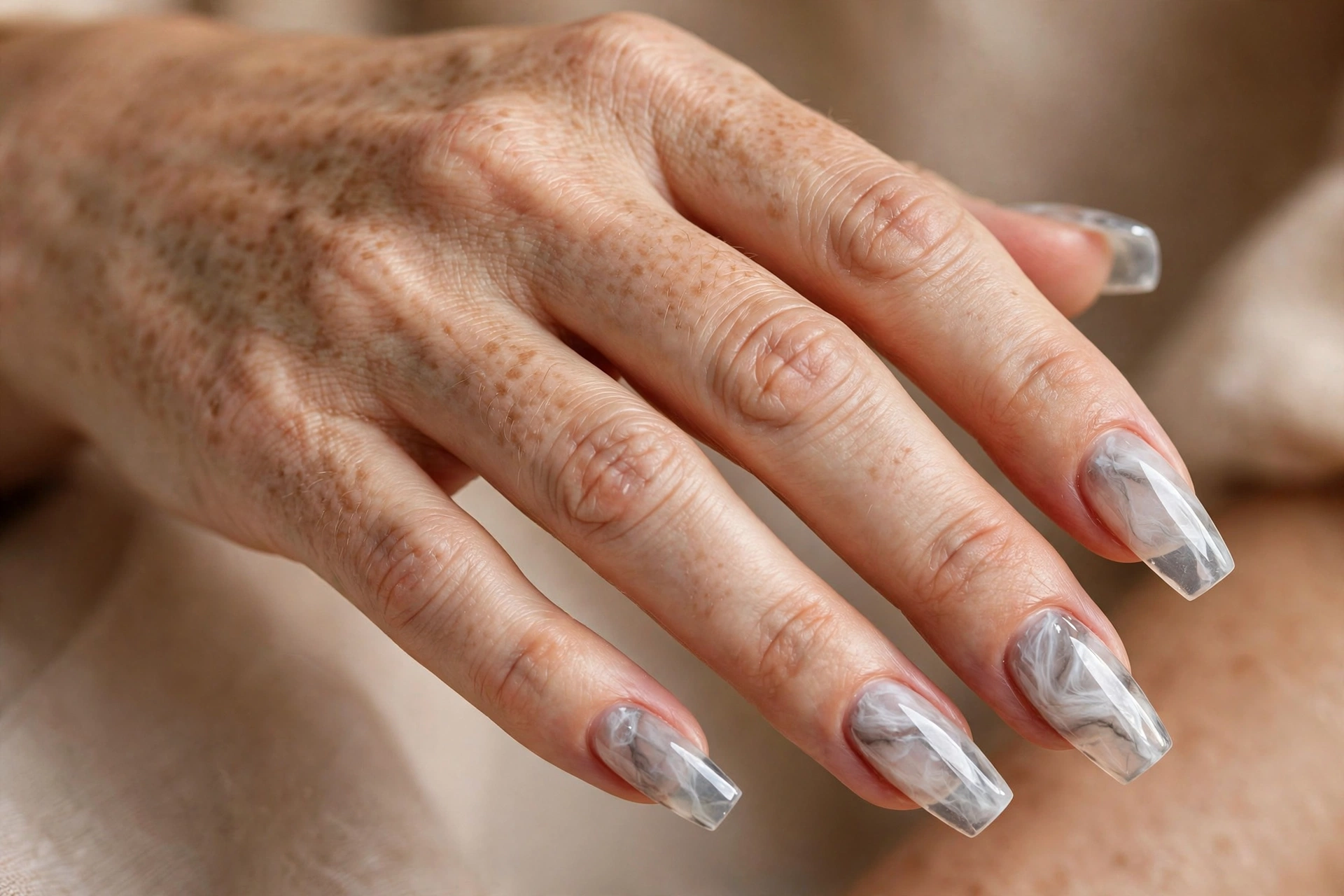 Glass marble effect nails: translucent white grey marble veining like polished glass stone