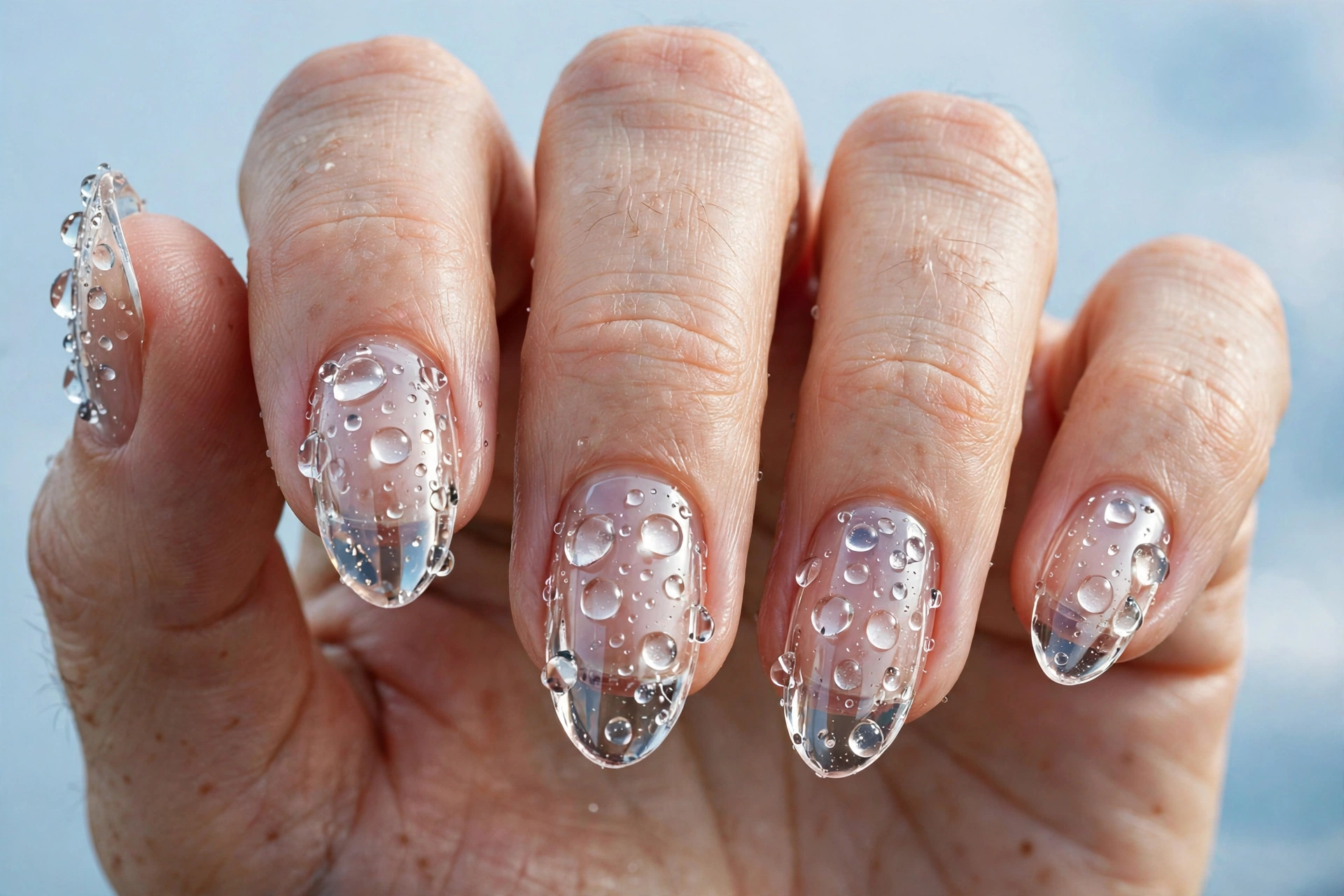 3D water droplet glass nails: realistic raised water droplets on clear transparent nails