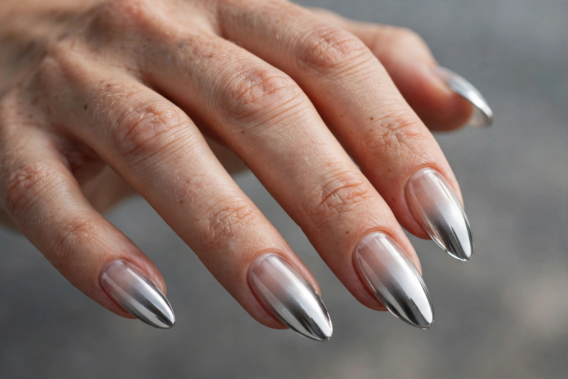 Glass chrome ombre nails: gradient from clear base to mirror silver chrome tips
