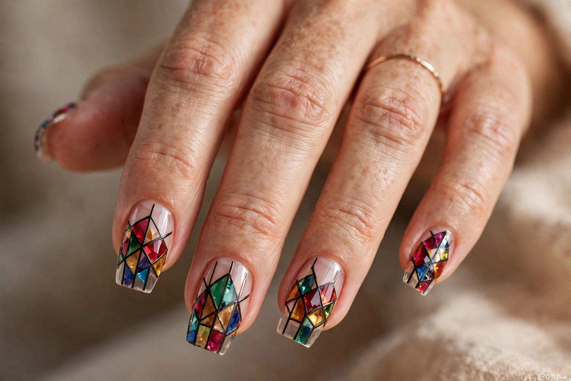 Stained-glass mosaic nails: colorful jewel-tone glass pieces with dark lines like cathedral windows