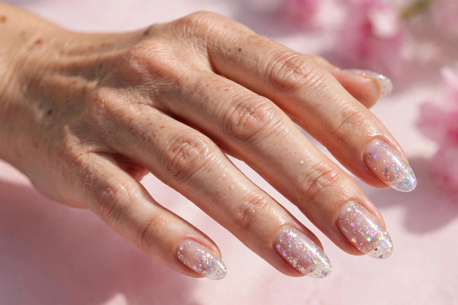 Glass slipper sparkle nails: clear glassy nails with fine holographic micro-sparkle