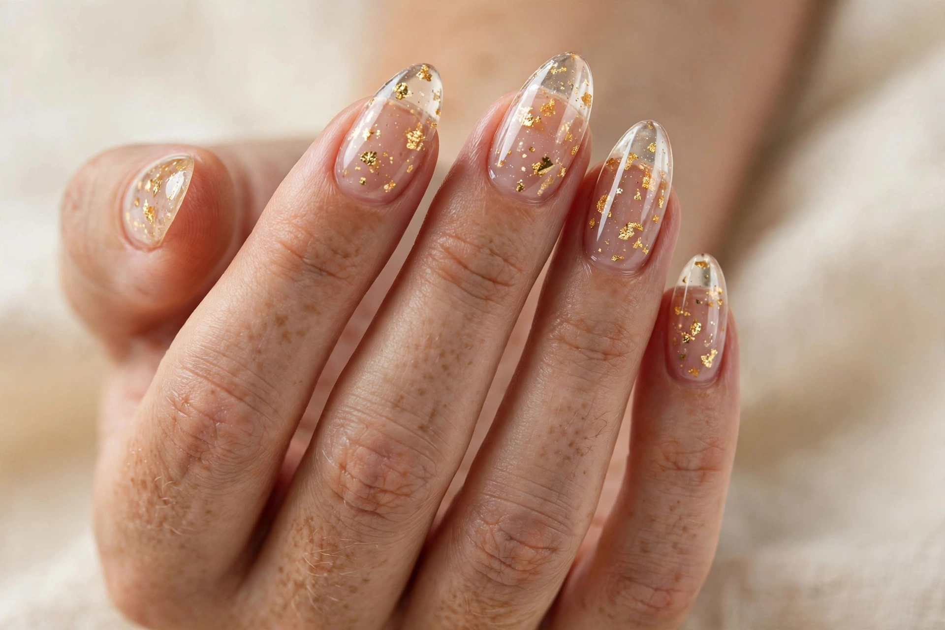Clear jelly nails with gold flakes: transparent jelly nails with gold leaf suspended inside