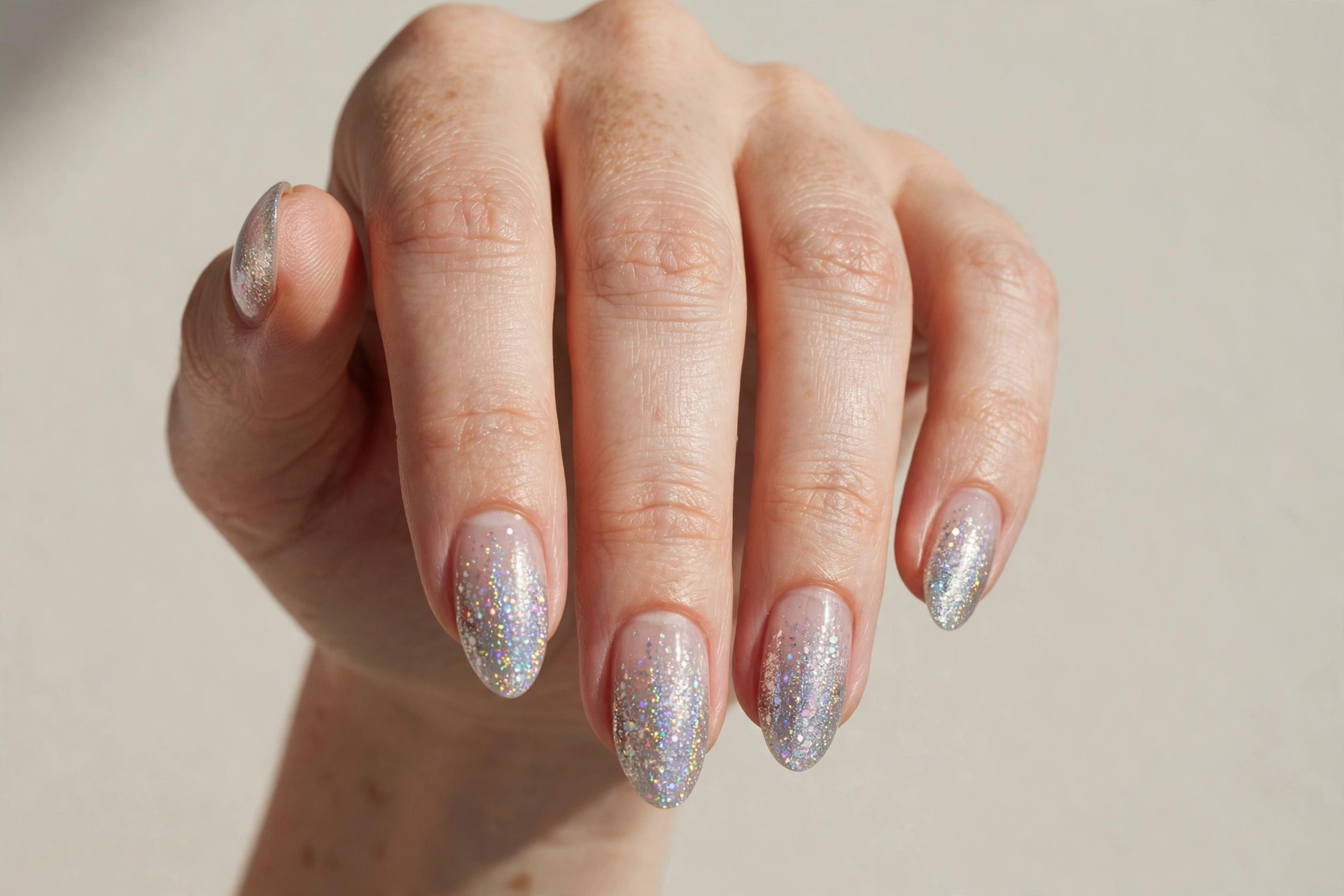 Silver holographic glitter fade nails with almond shape