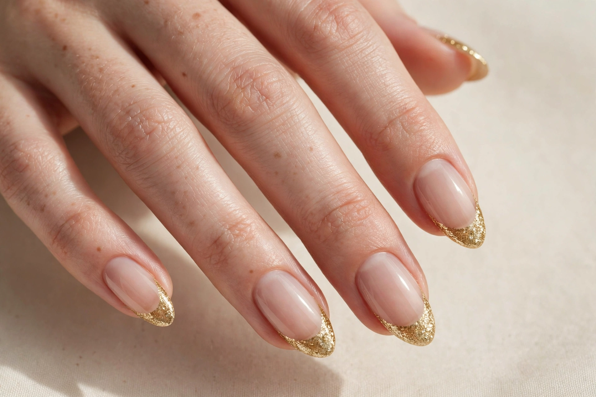 Gold glitter French tip nails on almond-shaped nails