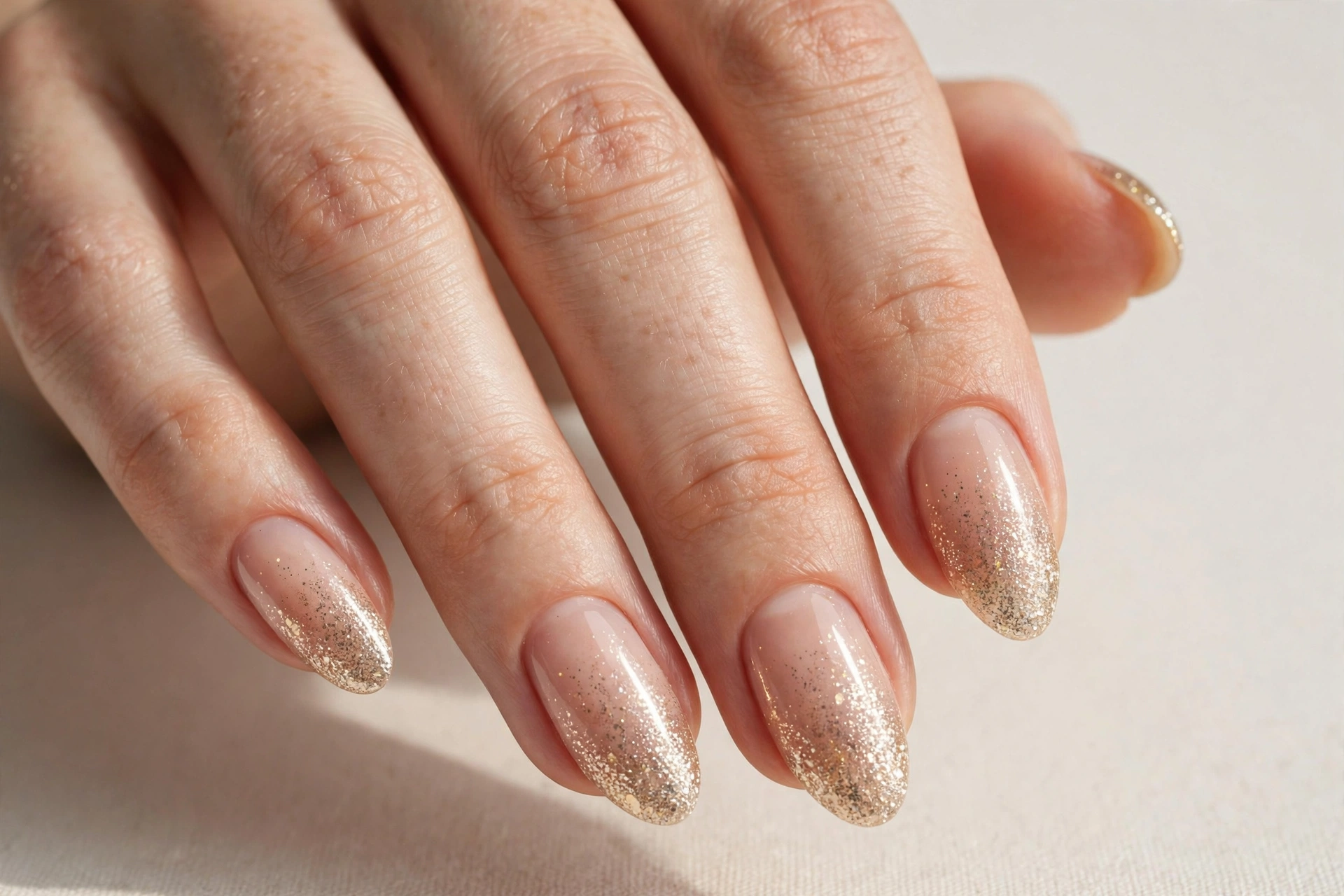Champagne glitter ombre nails fading from tip to base