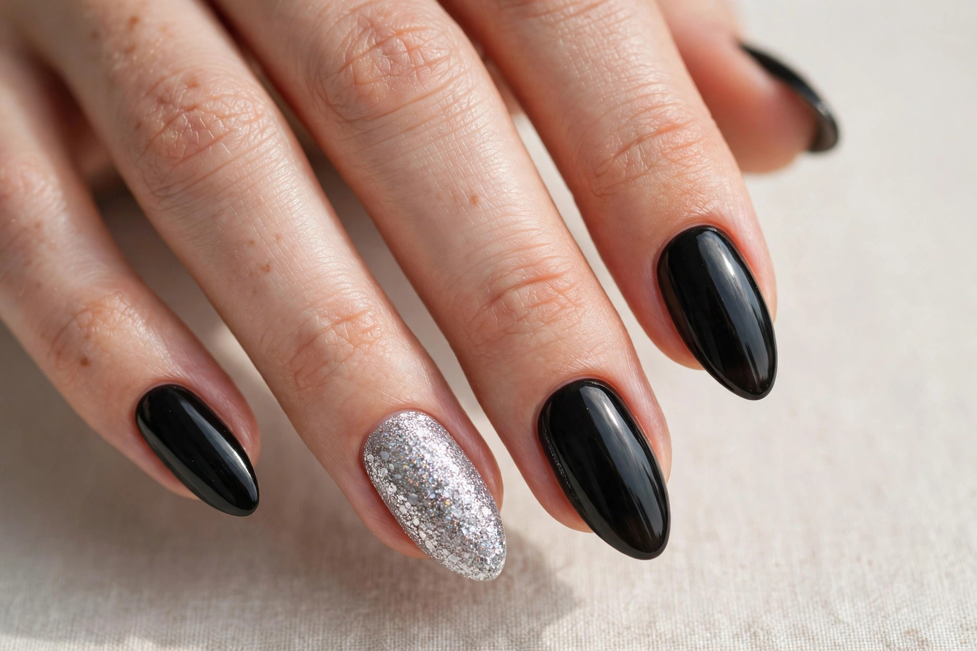 Black nails with silver glitter accent nail