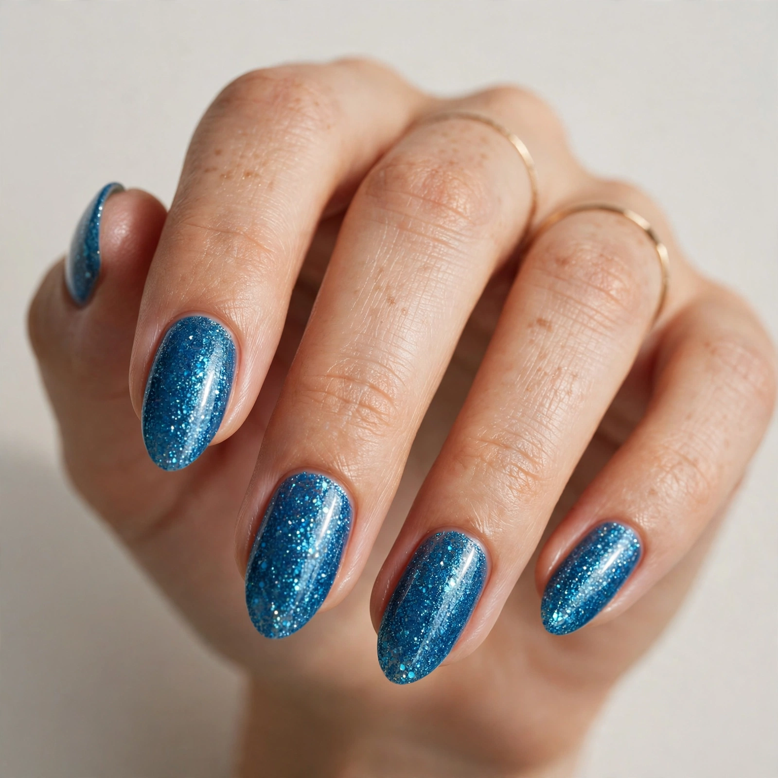 Ocean blue glitter nails with almond shape