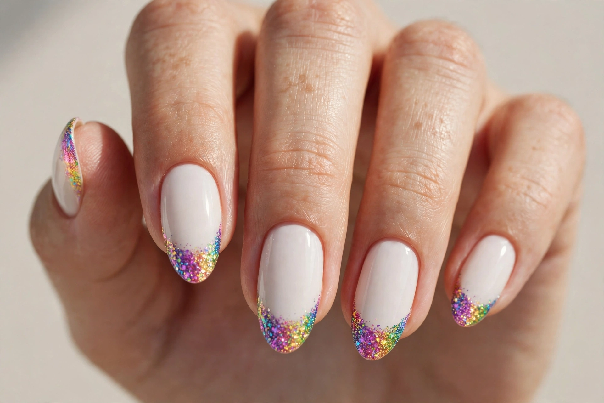 White nails with rainbow glitter tips