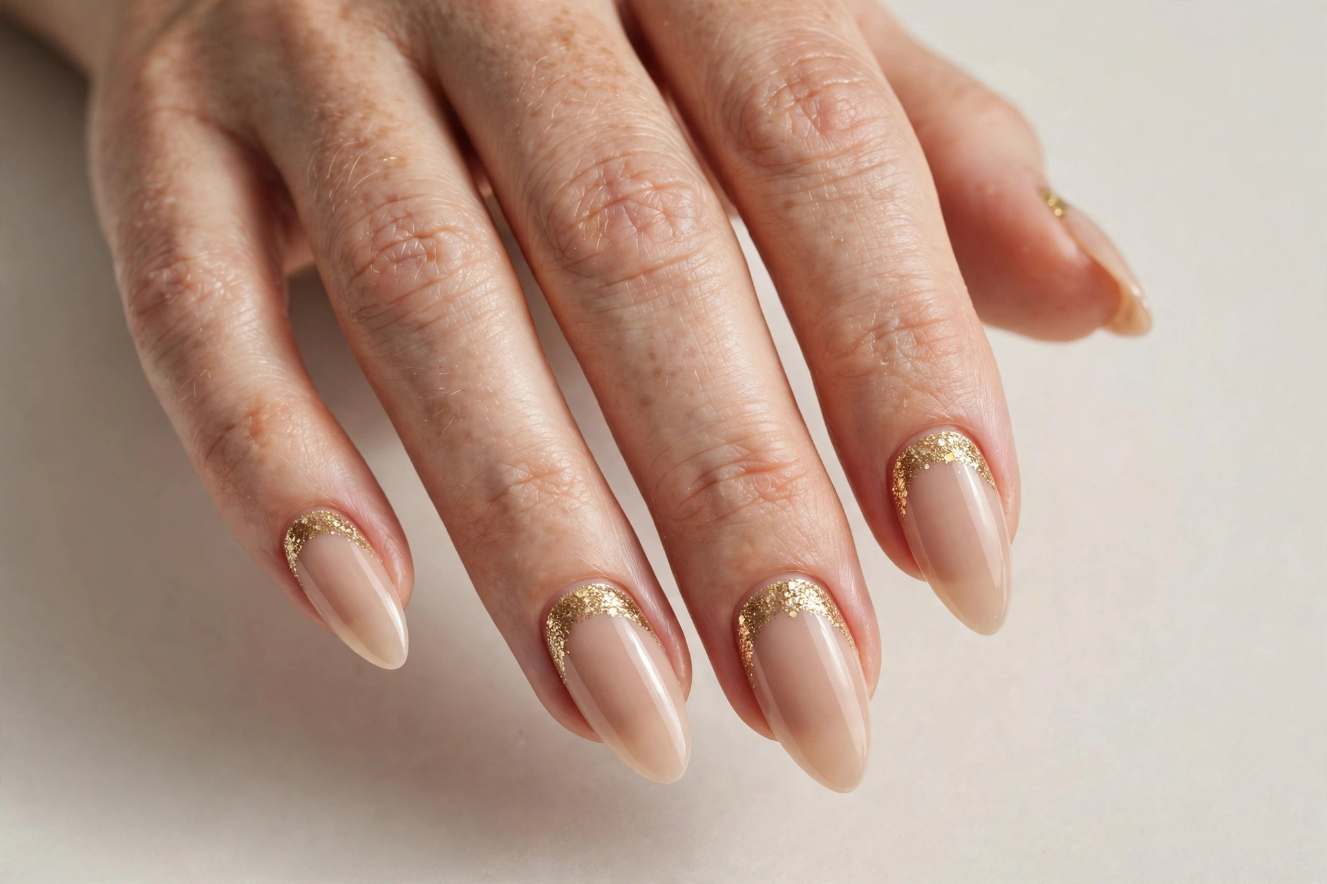 Nude nails with gold glitter cuticle moons