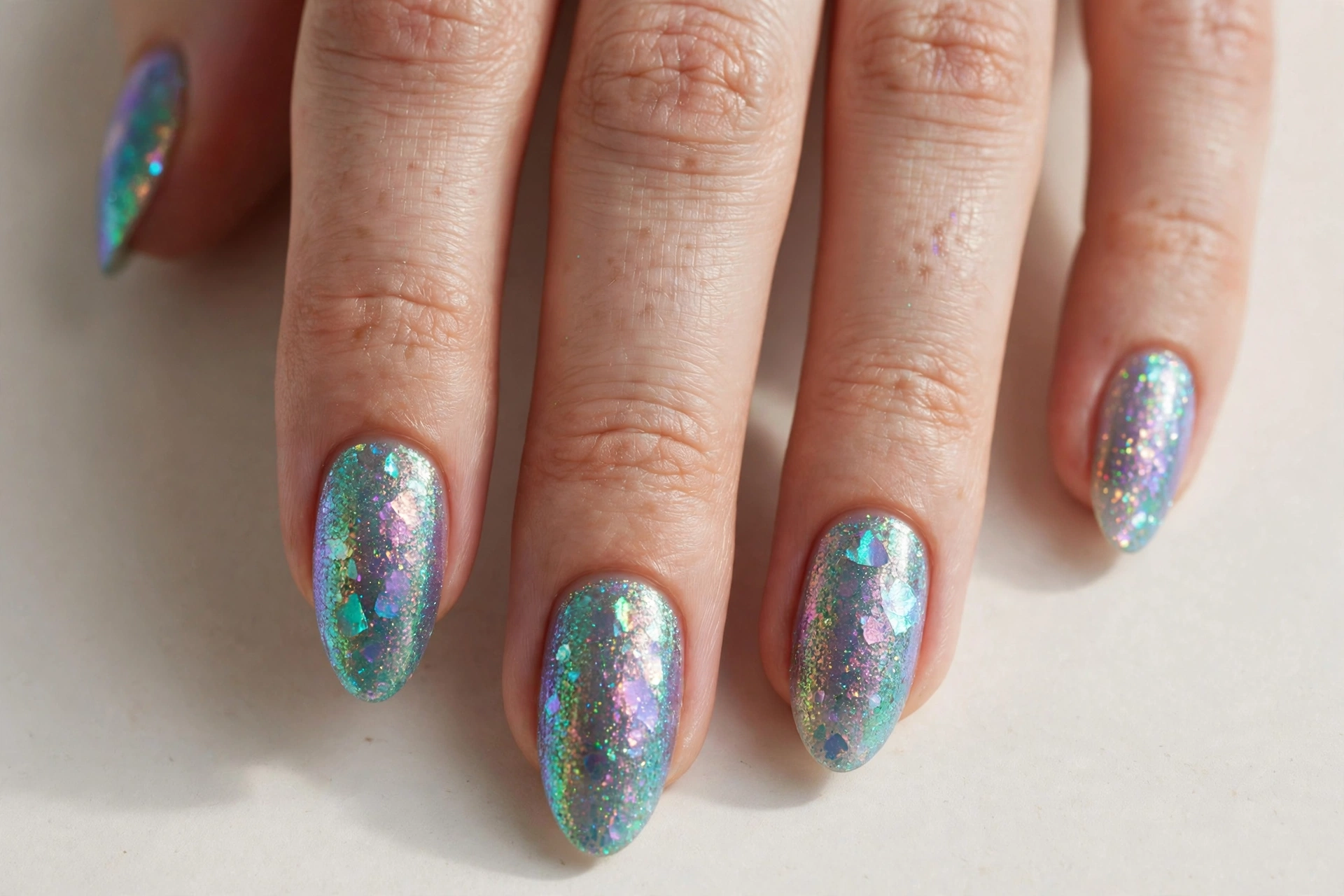 Mermaid iridescent glitter nails