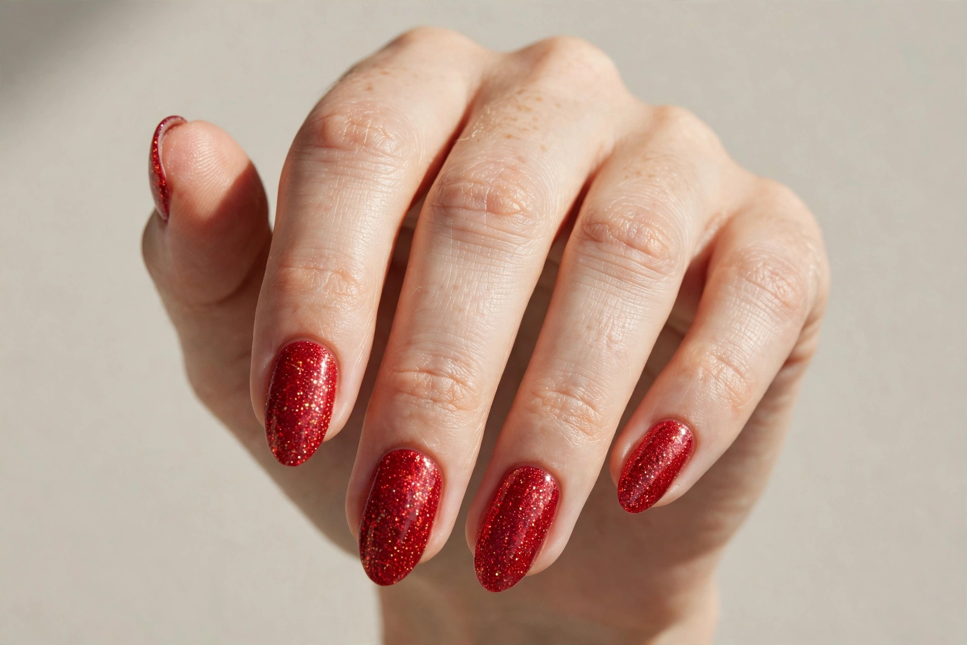 Red glitter nails with almond shape