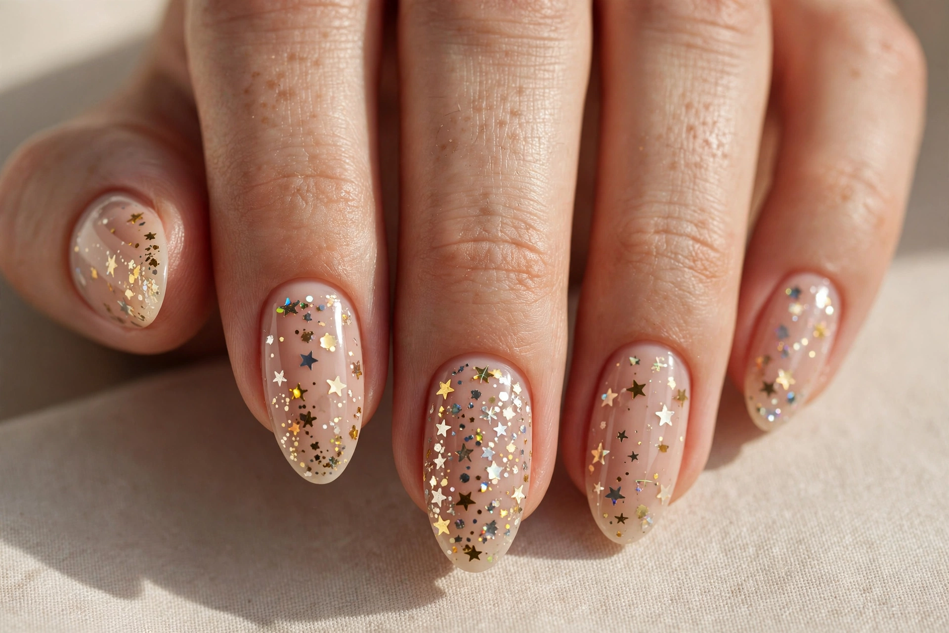 Star-shaped confetti glitter on nude nails