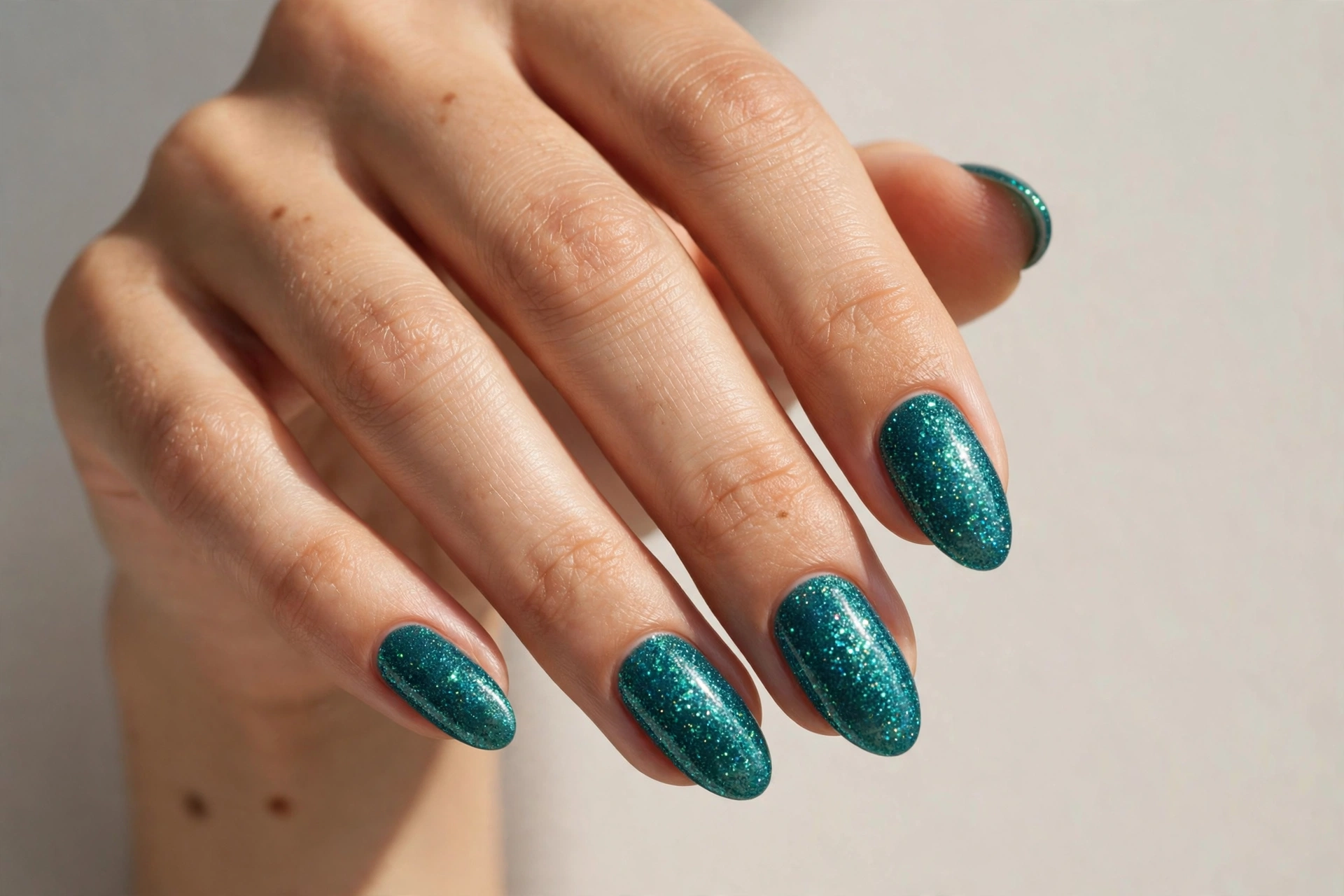 Teal glitter nails with almond shape
