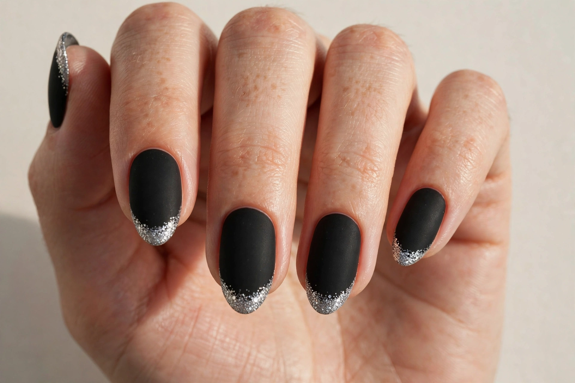 Matte black nails with silver glitter tips