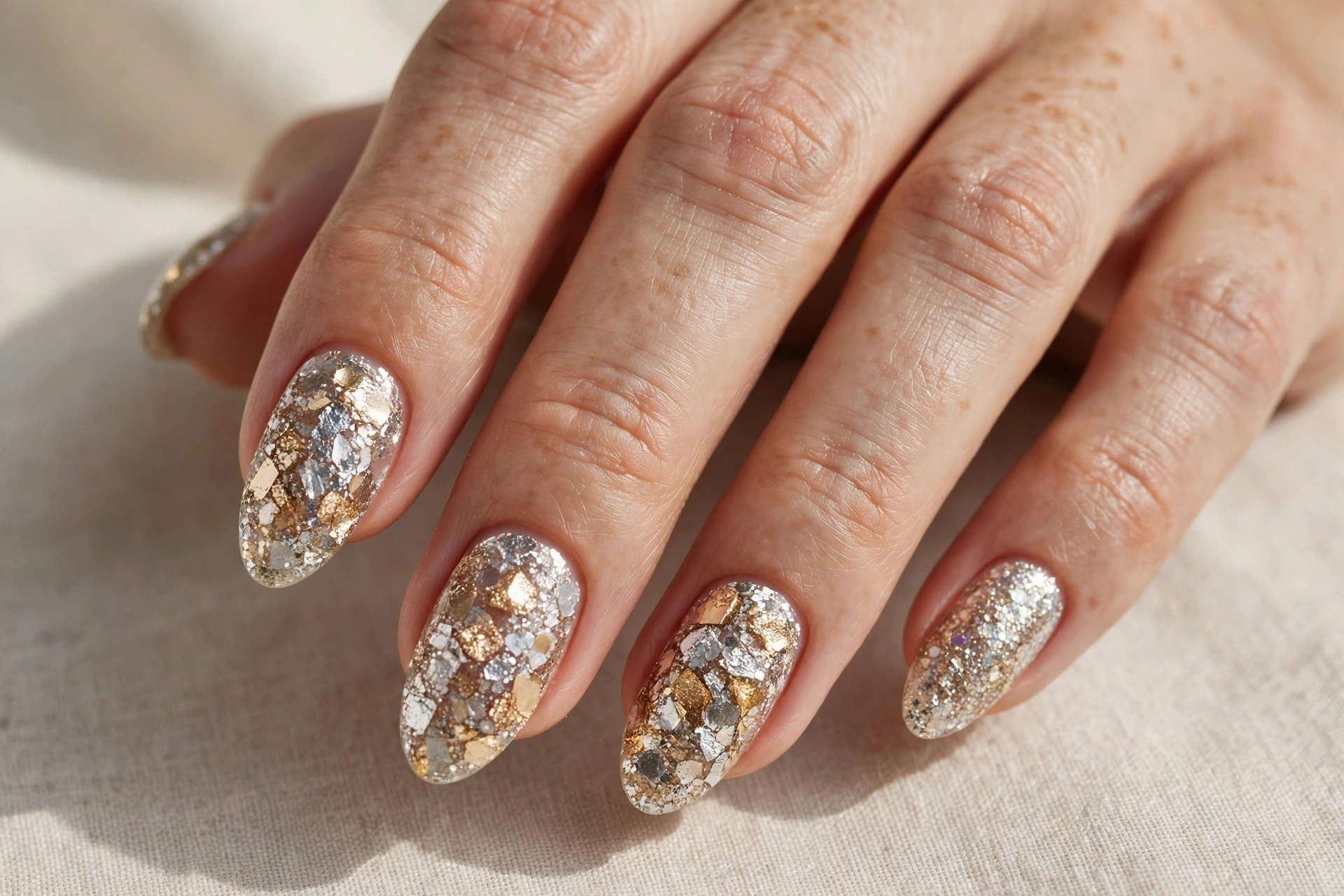 Silver and champagne chunky mixed glitter nails
