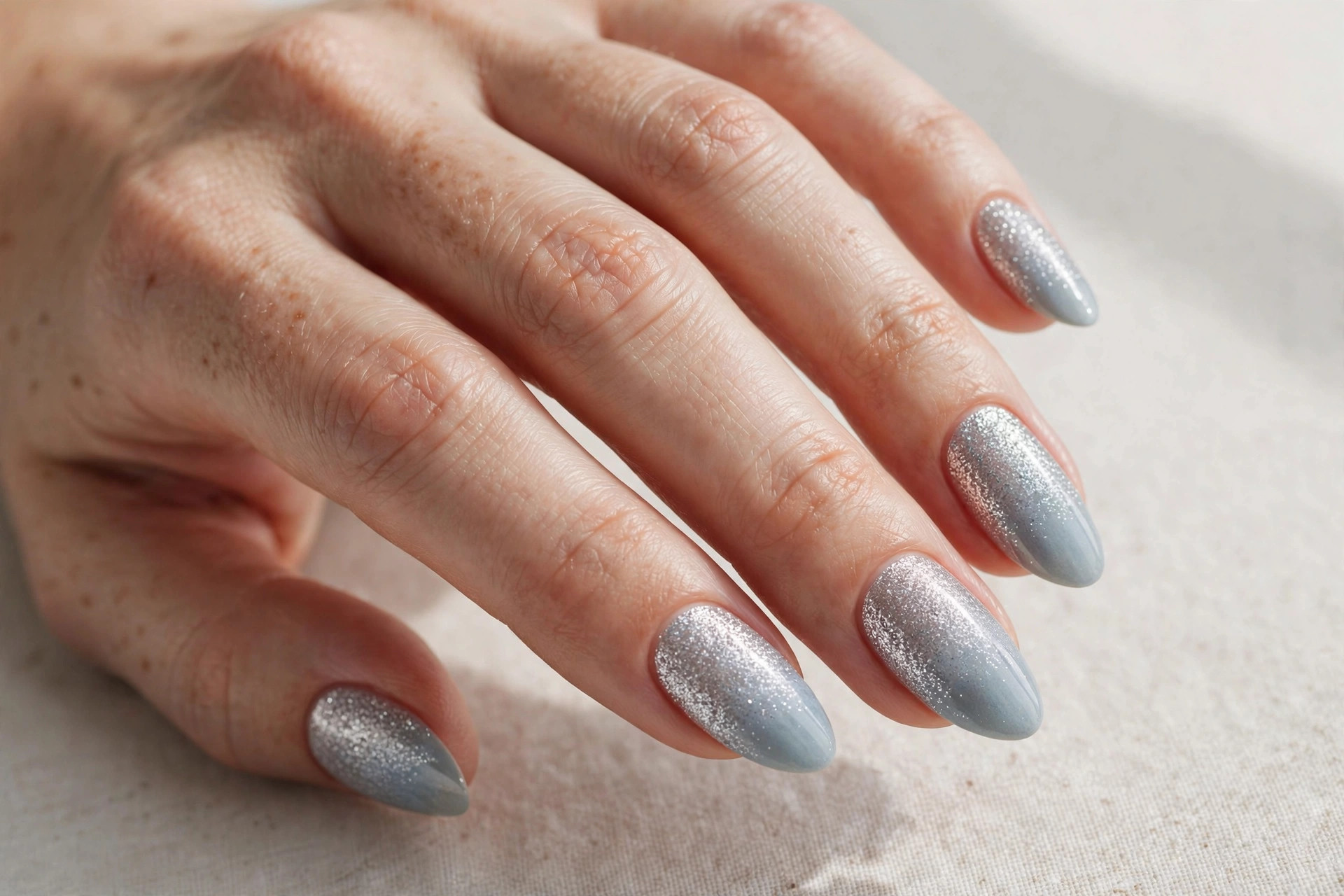 Glitter ombre nails with silver glitter fading into pale blue-grey polish