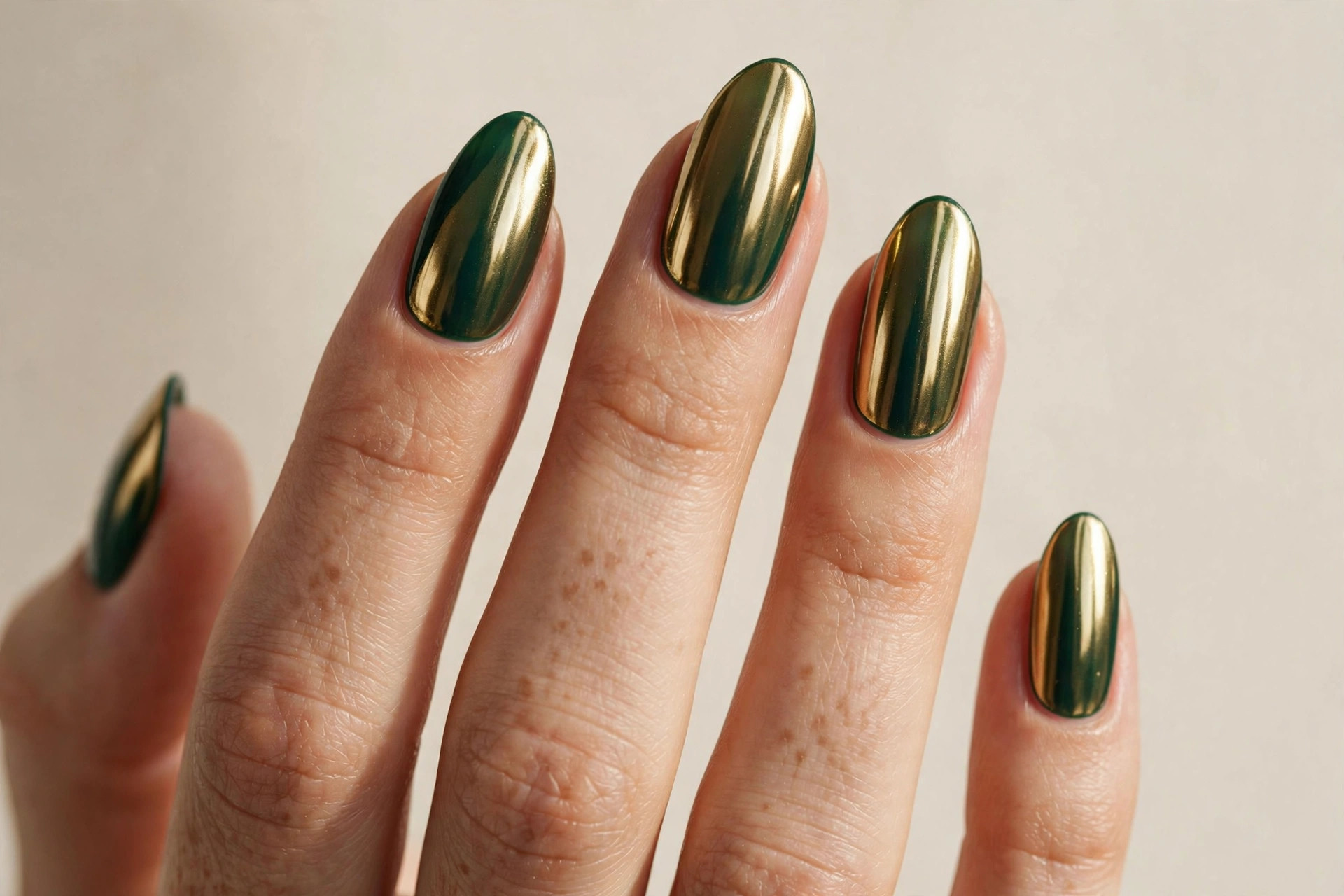 Deep green almond nails with mirror gold chrome finish