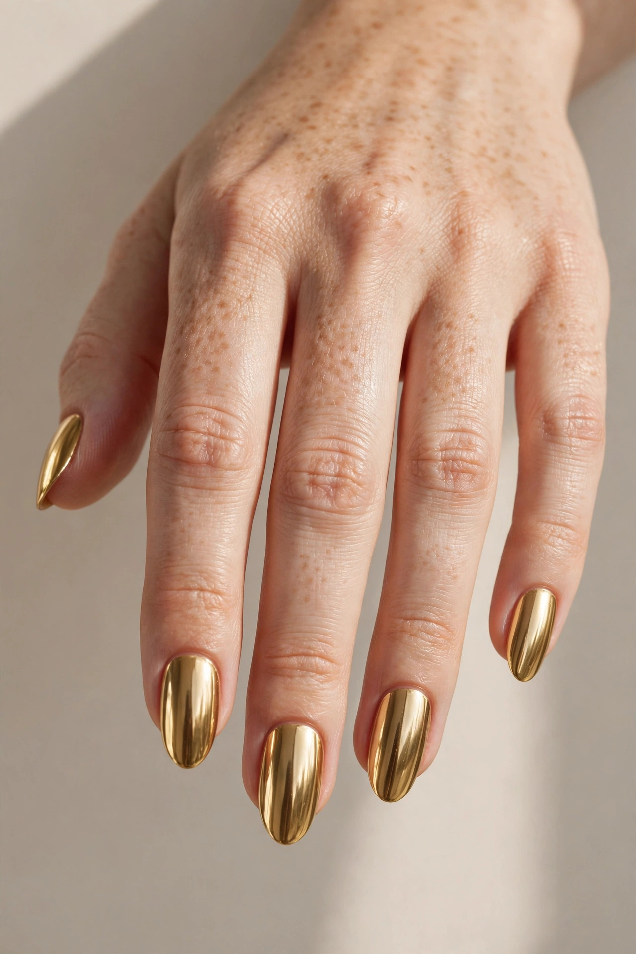 Close-up of classic gold chrome nails with a mirror-like metallic finish