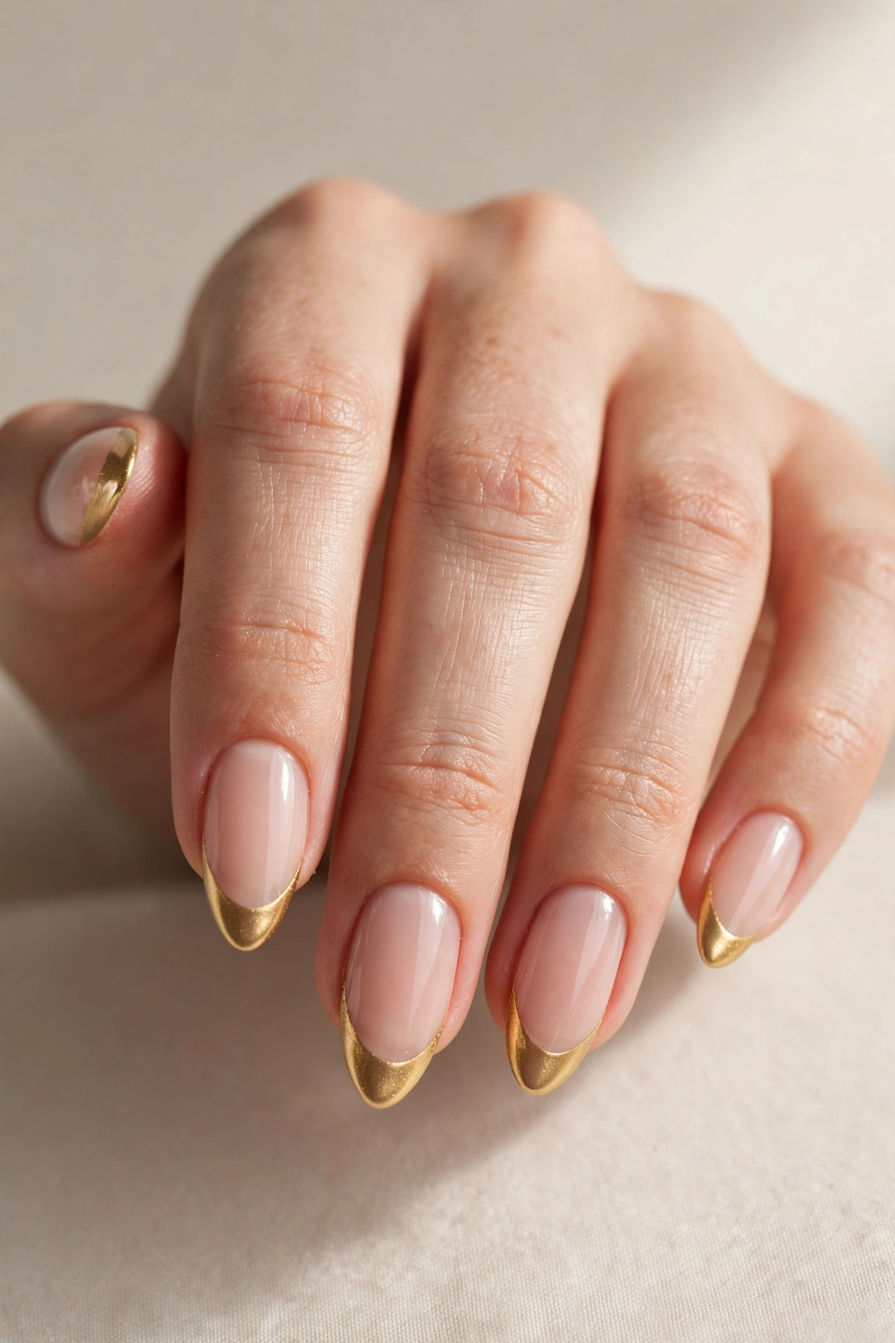 Close-up of gold french tip nails on a natural nude base
