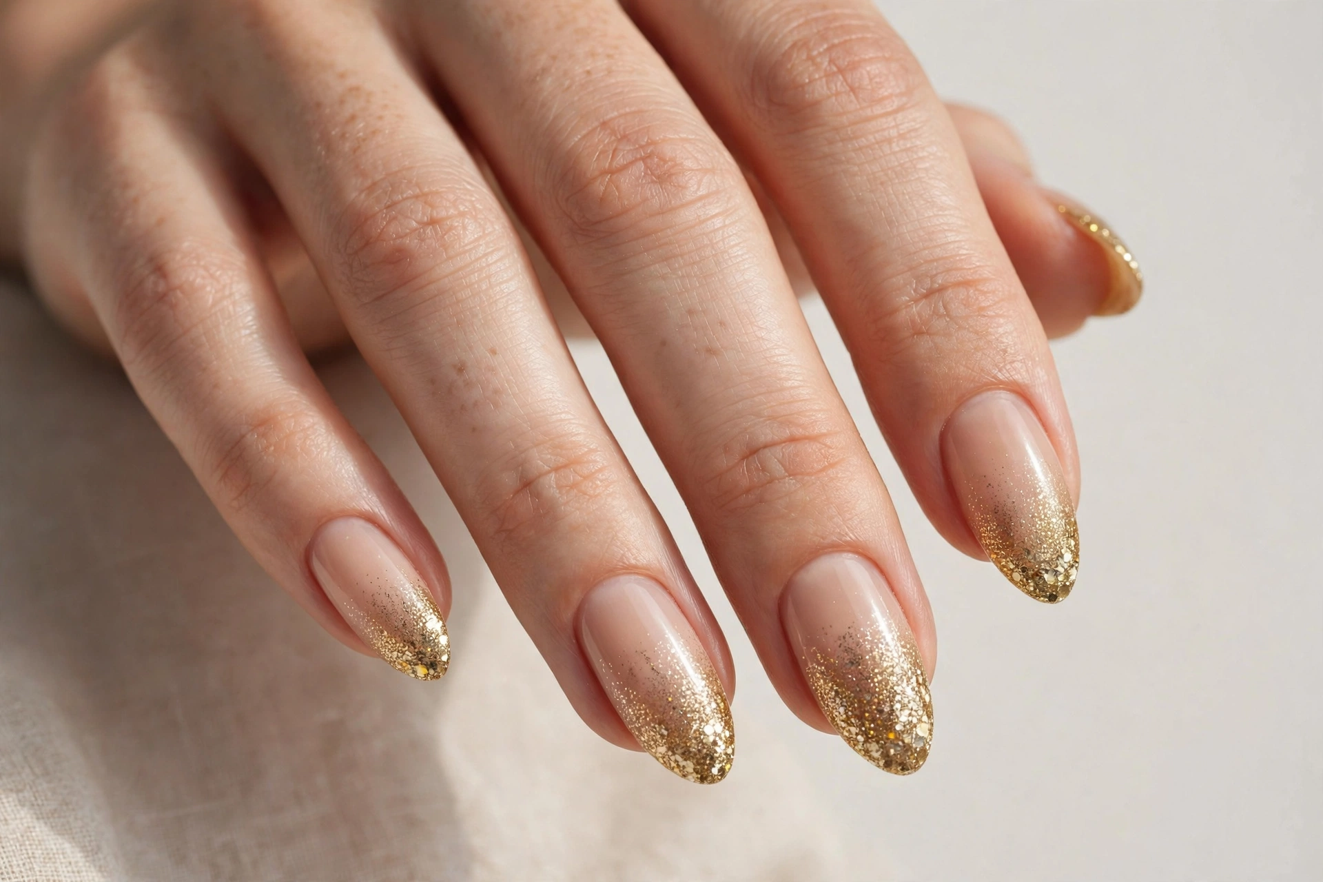 Close-up of gold glitter gradient nails fading from nude to sparkling tips