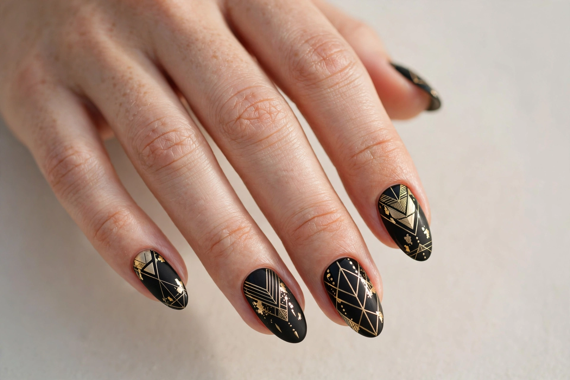 Close-up of black and gold geometric nail art with sharp metallic lines