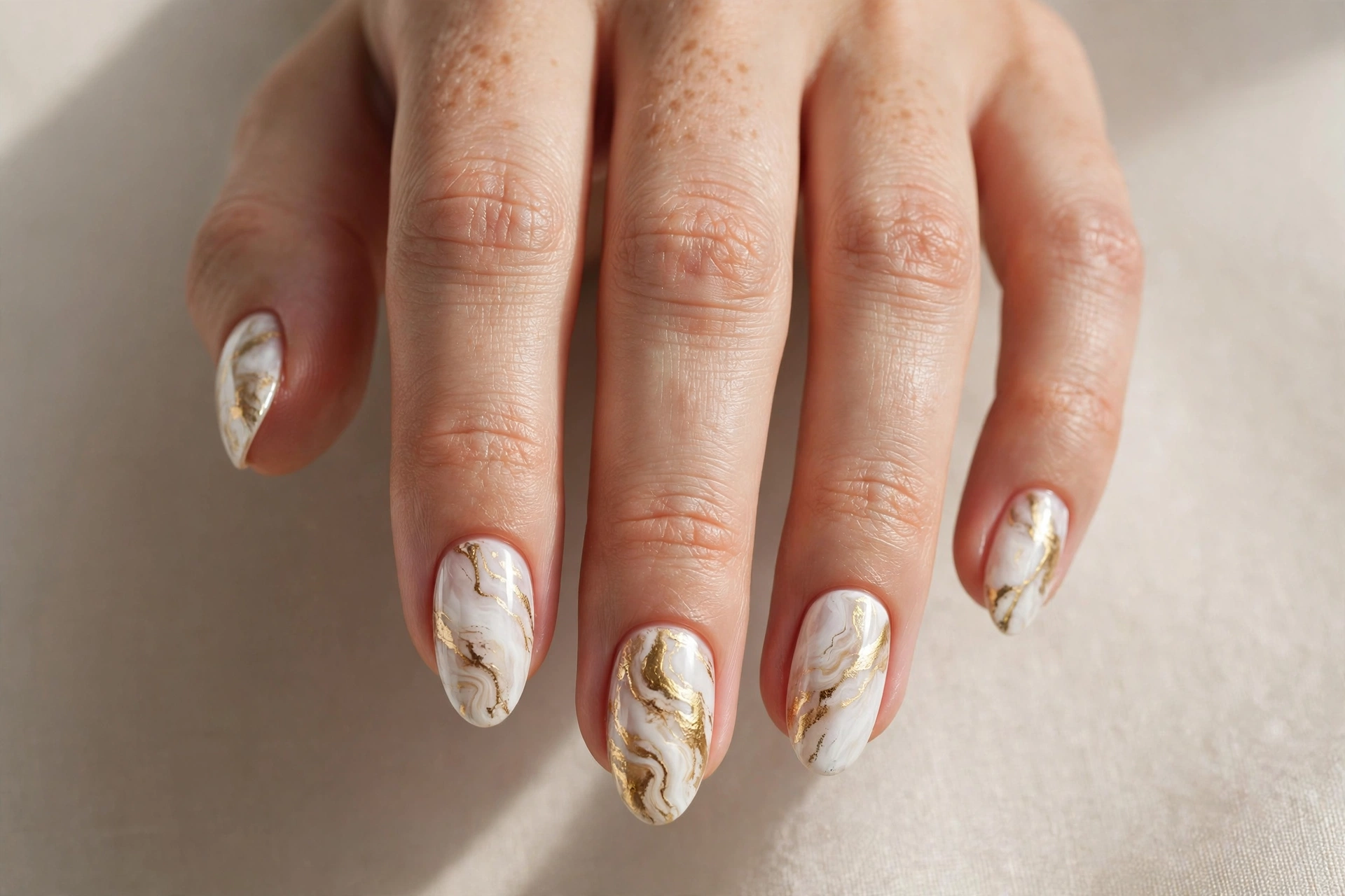 Close-up of white and gold marble nail art with delicate veining