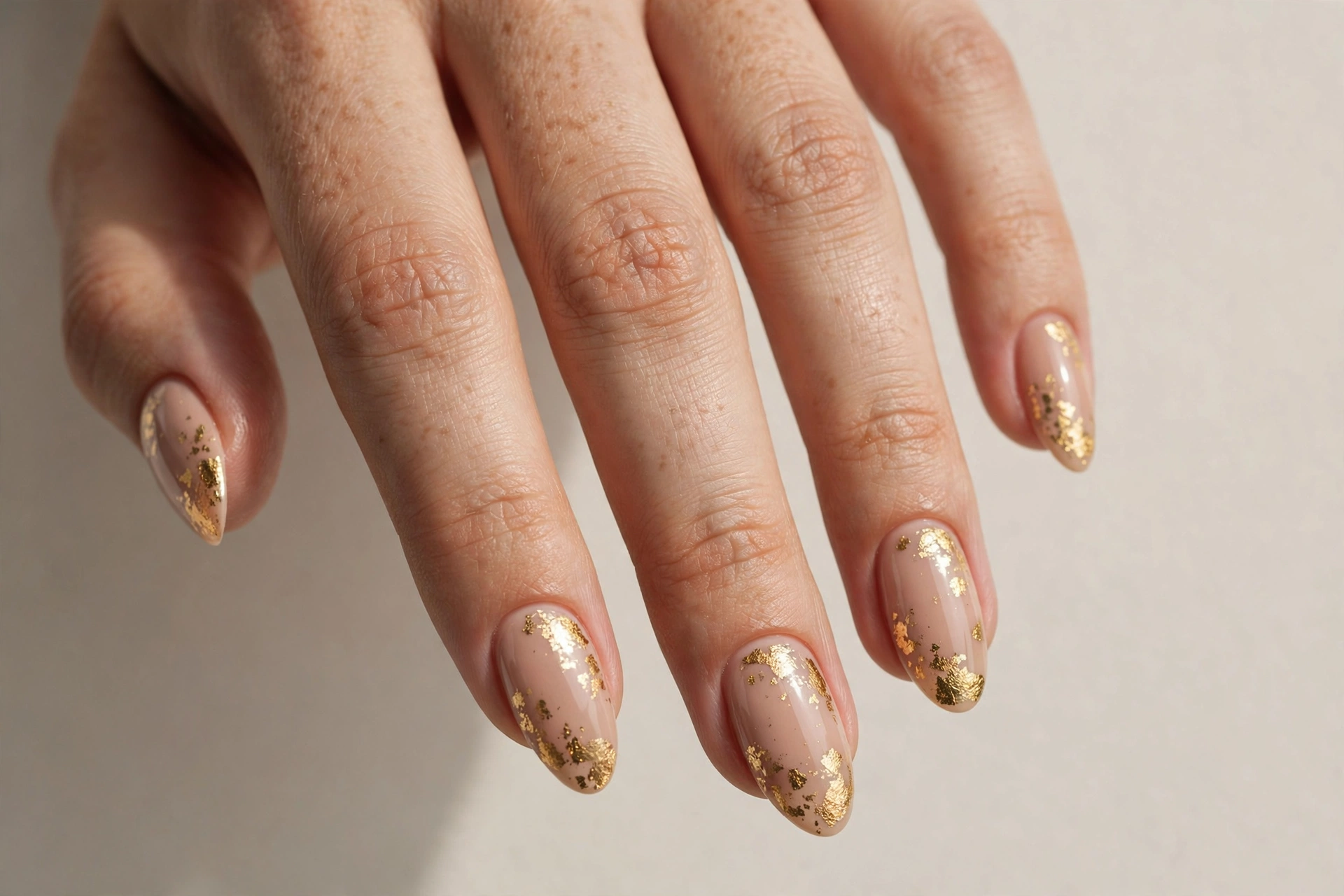 Close-up of nude nails with scattered gold foil flake accents