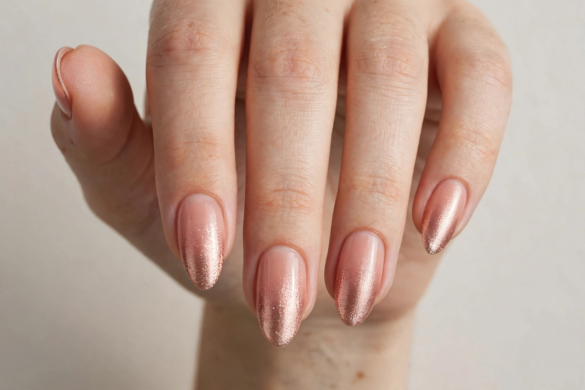 Close-up of rose gold ombre nails blending pink to metallic rose gold