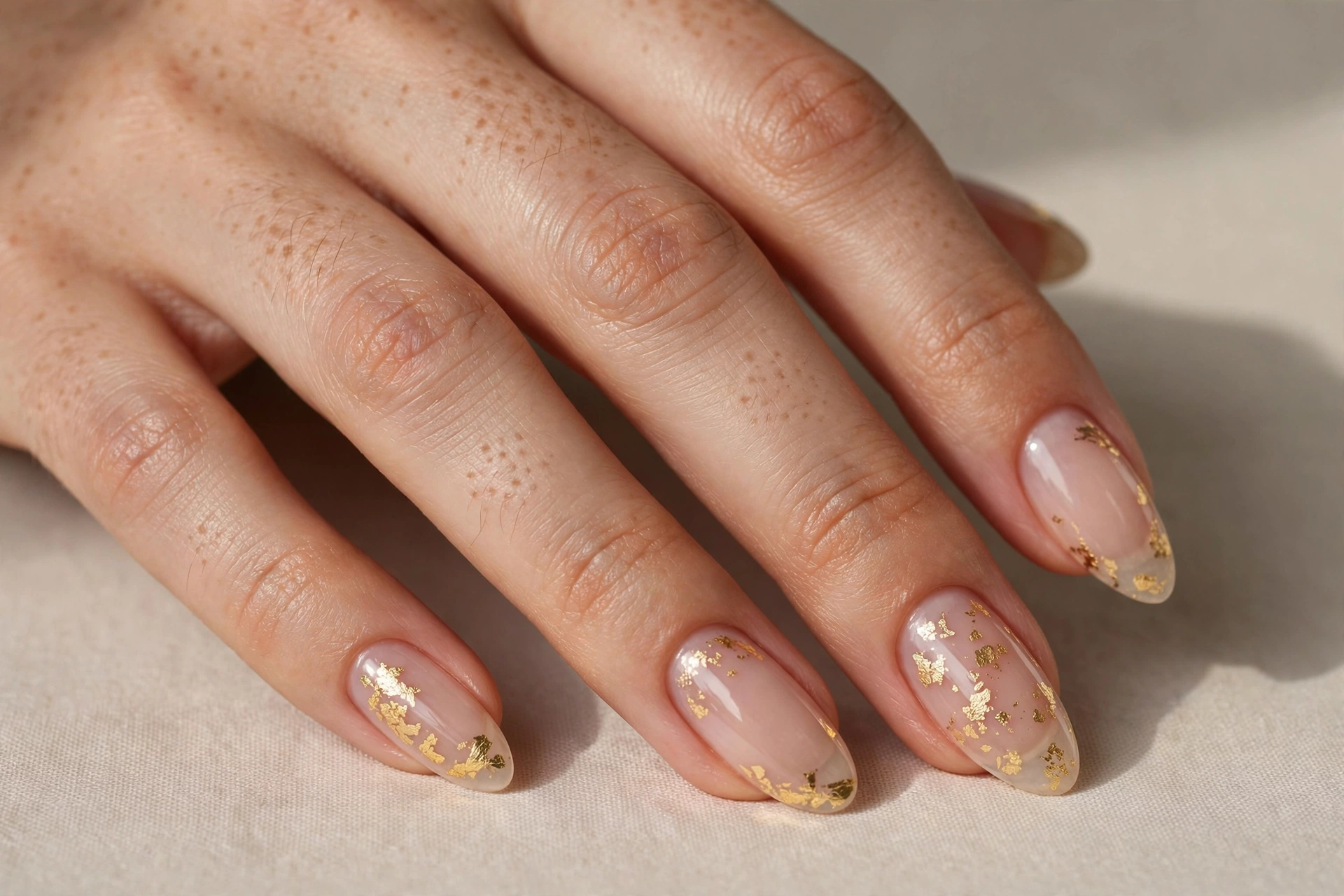 Close-up of clear nude nails with delicate gold leaf accents