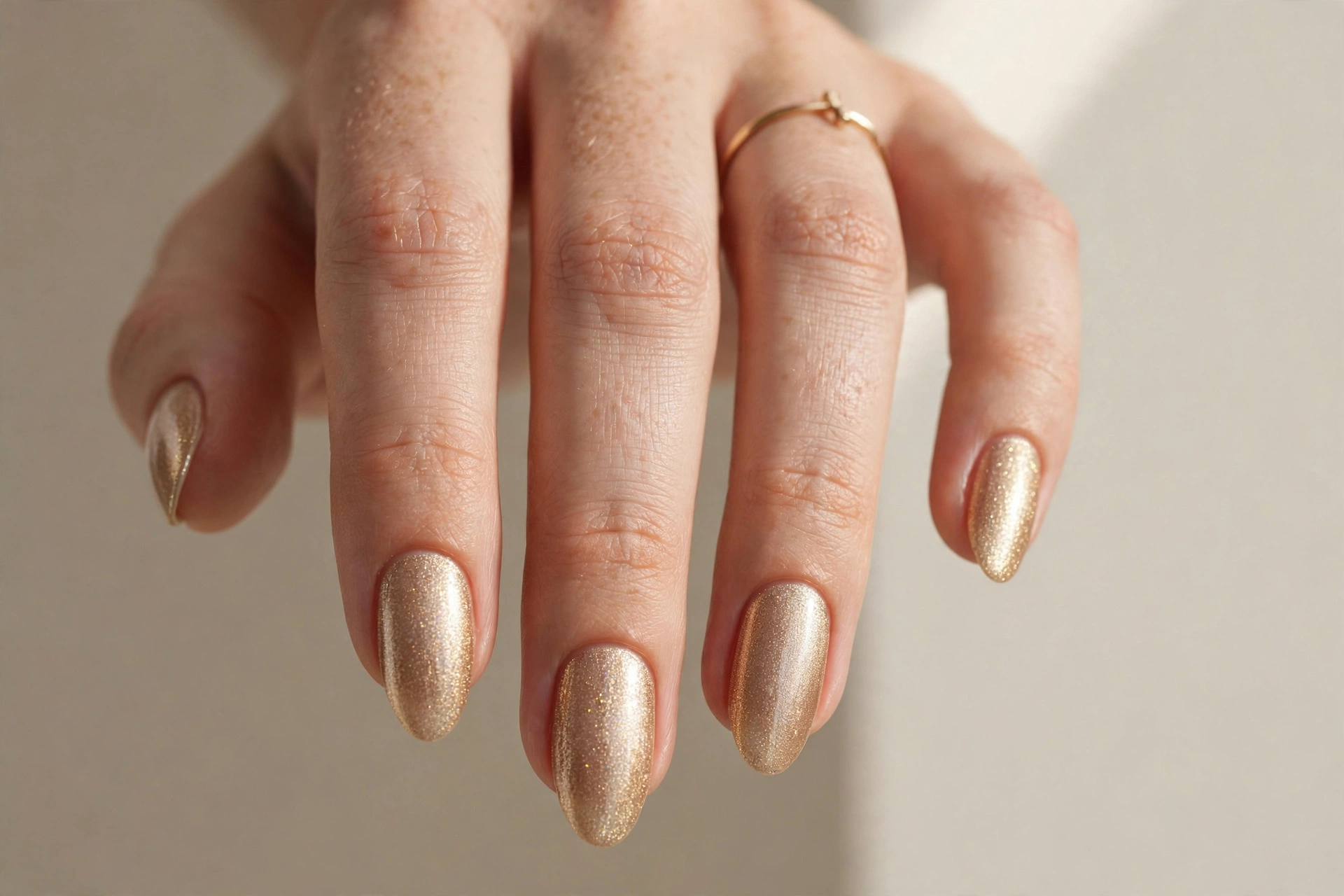 Close-up of champagne gold shimmer nails with soft glowing finish
