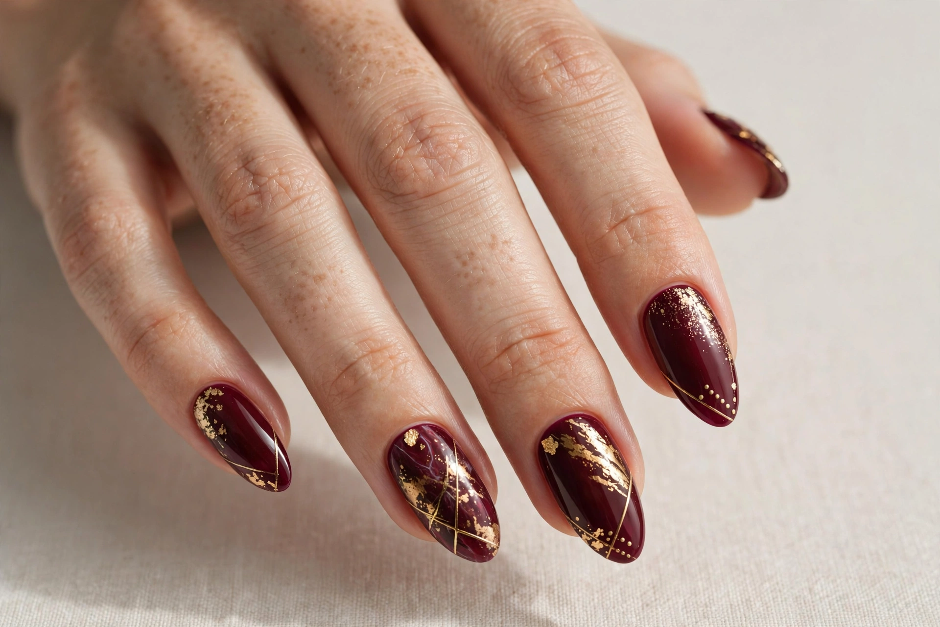 Close-up of deep burgundy nails with gold nail art details
