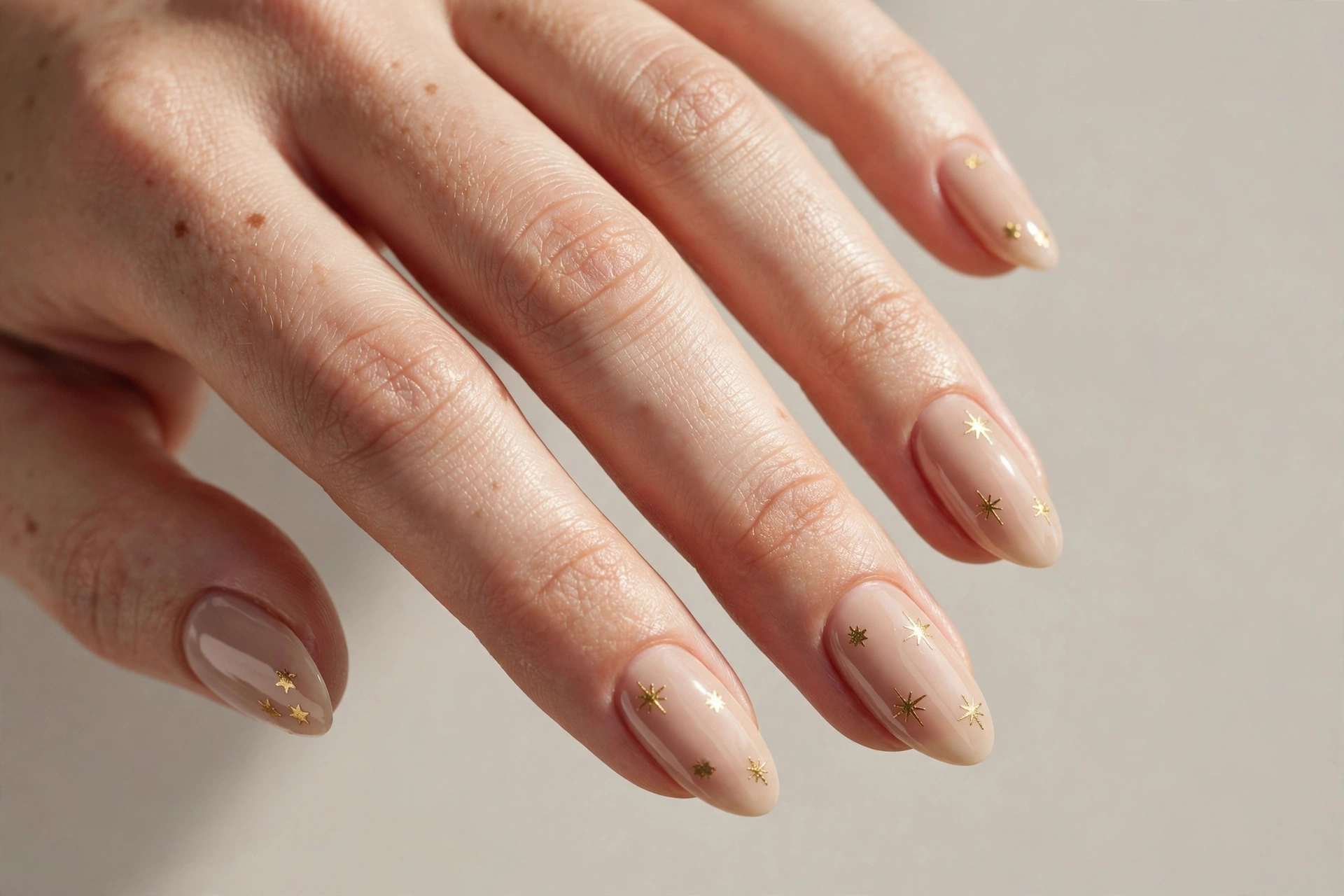 Close-up of nude nails with tiny gold star nail art
