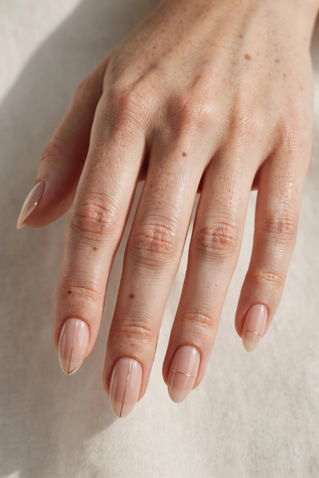 Close-up of nude nails with thin minimalist gold line nail art