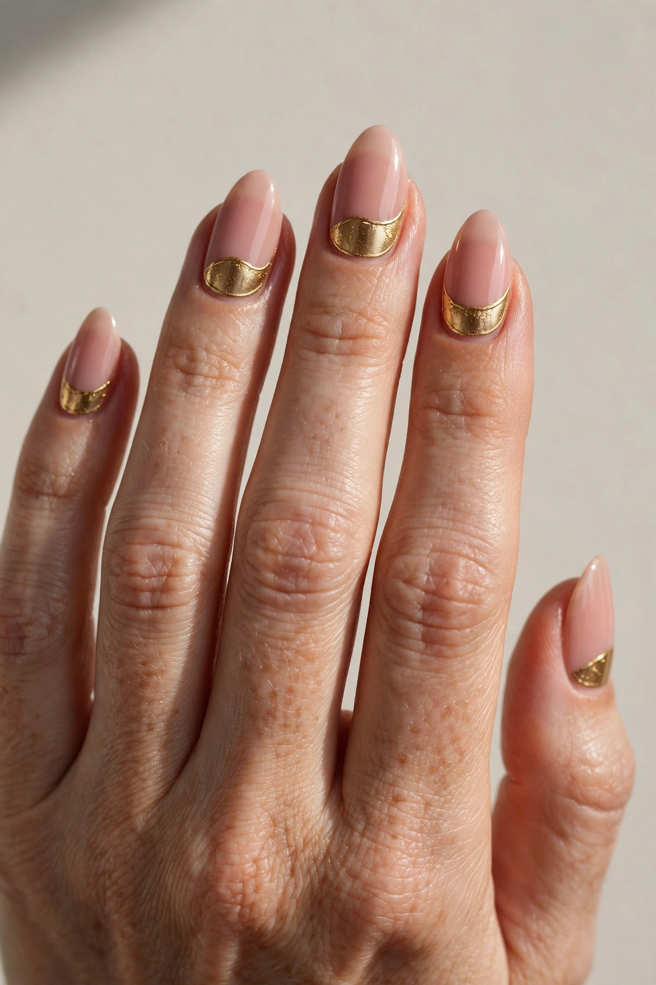 Close-up of gold half moon nail art on blush pink base