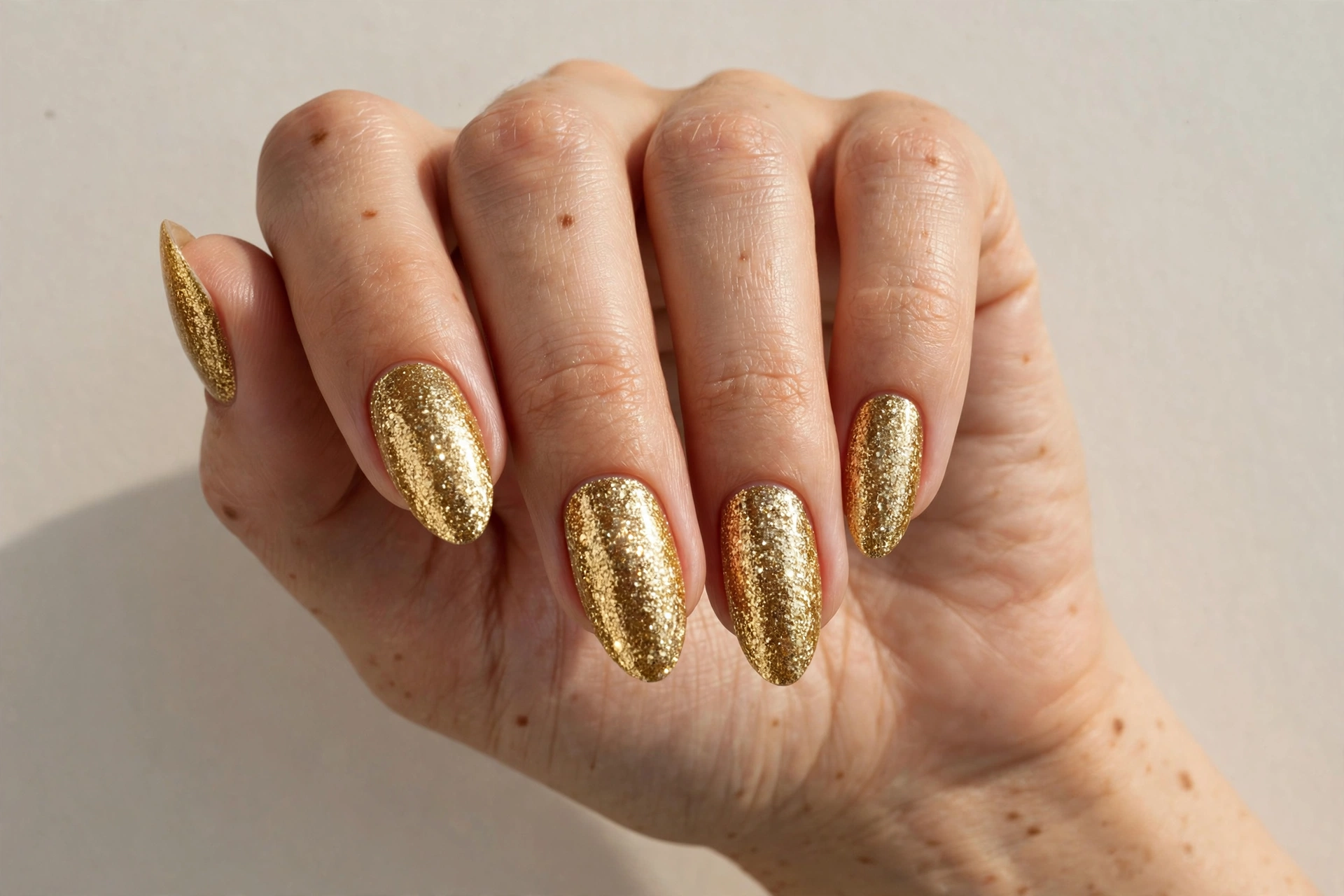 Close-up of full coverage gold glitter nails