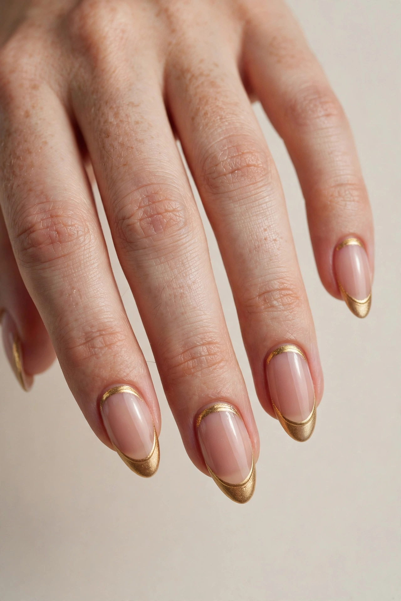 Close-up of nude nails with gold reverse french tip along the cuticle
