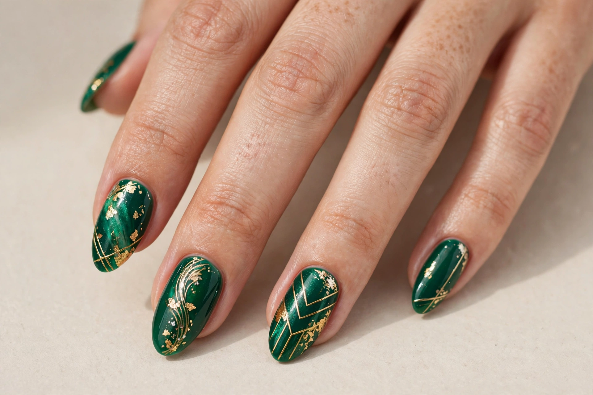 Close-up of emerald green and gold nail art