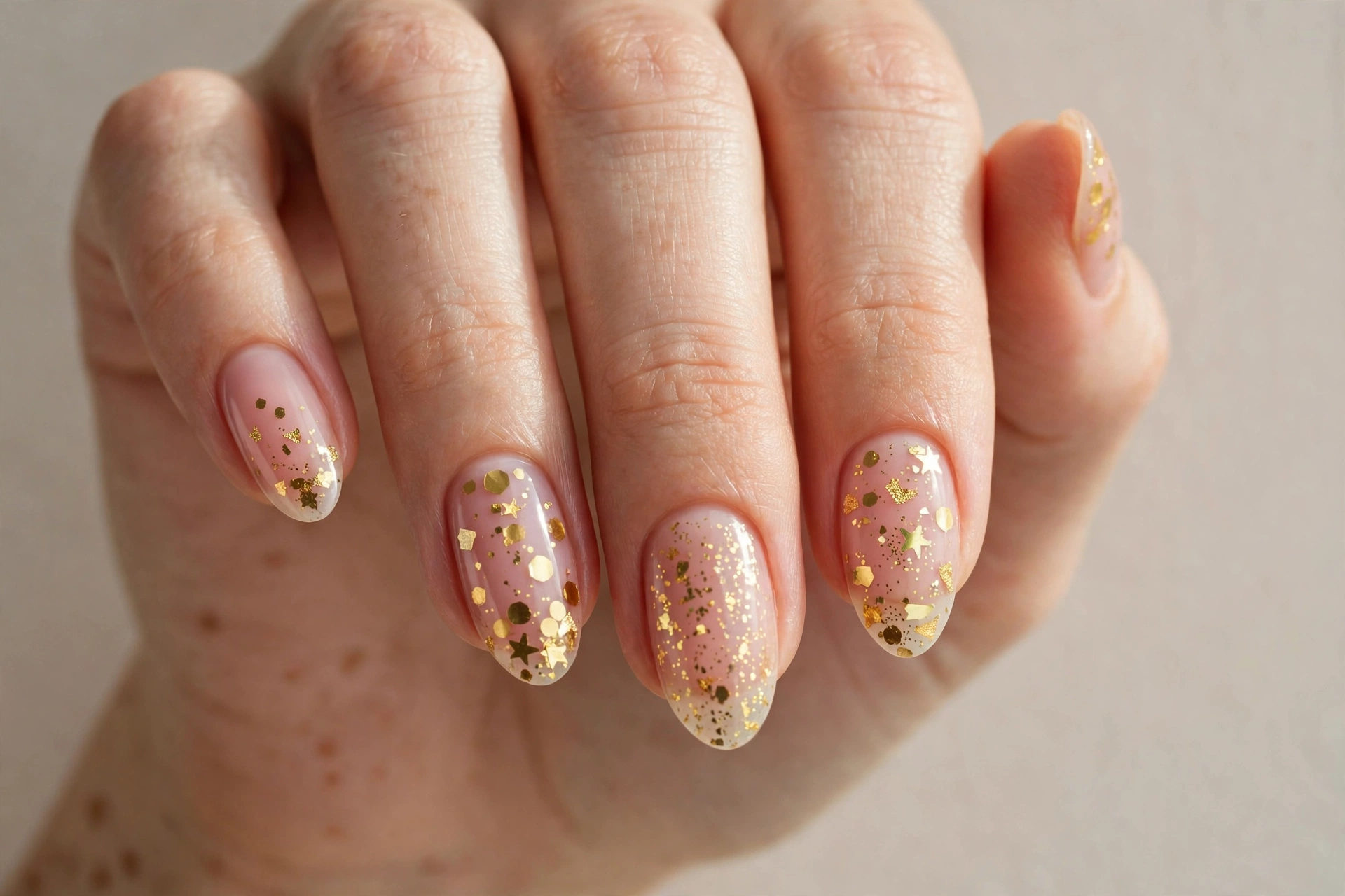 Close-up of sheer pink nails with gold confetti party nail art