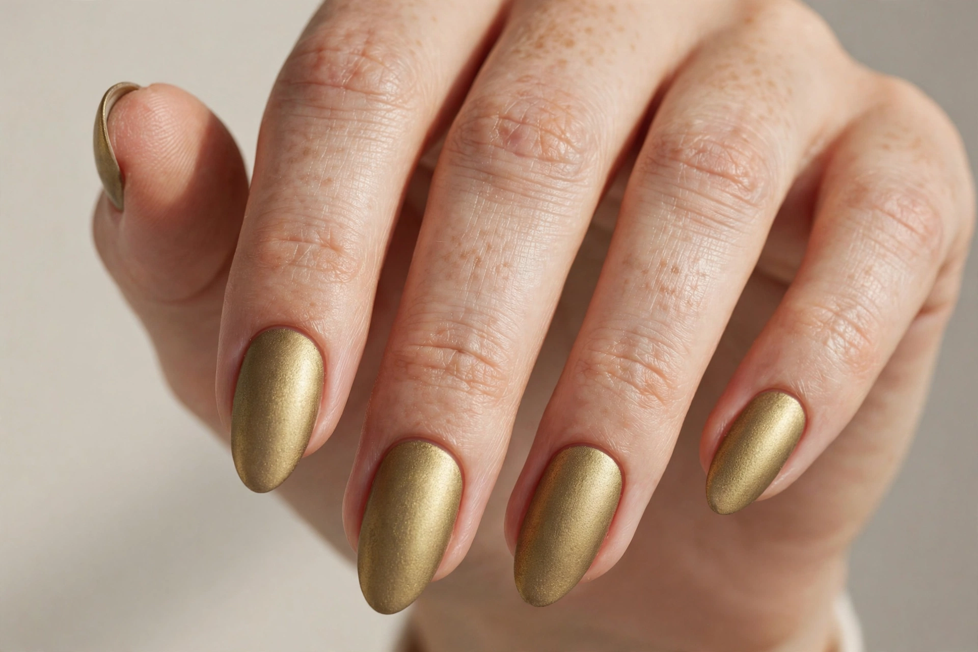 Close-up of matte antique gold nails with soft vintage finish