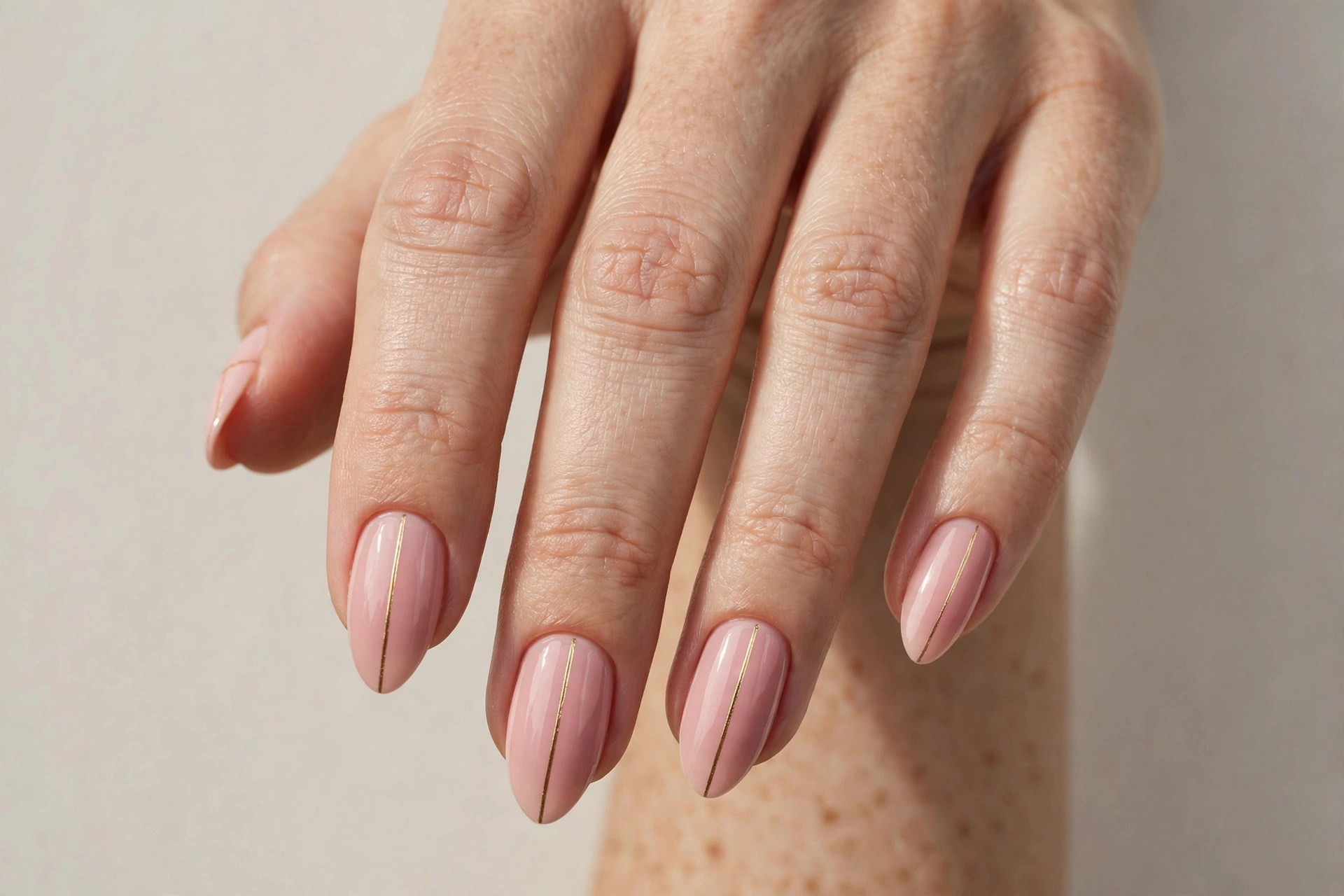 Close-up of blush pink nails with thin gold stripe nail art