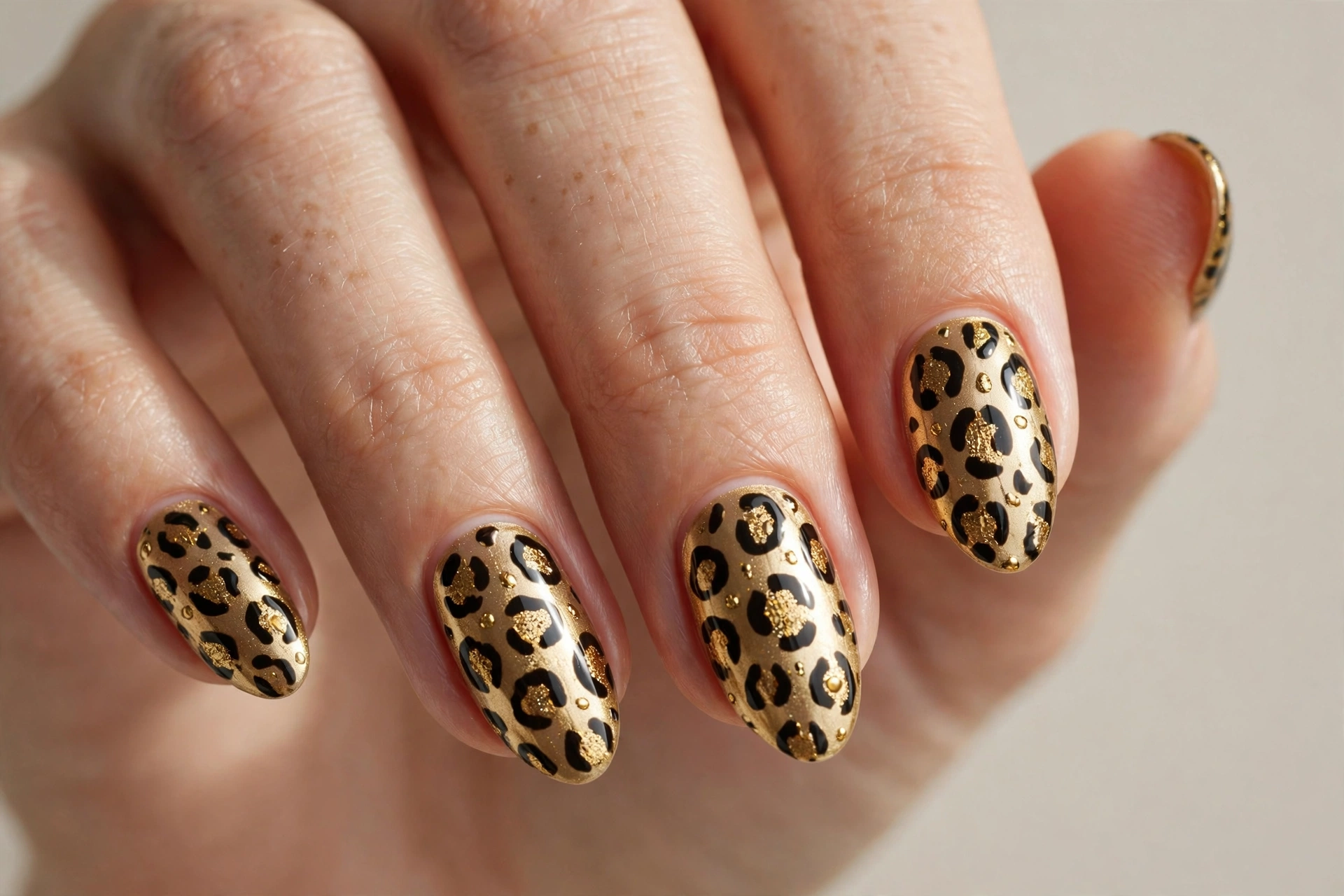 Close-up of gold leopard print nail art